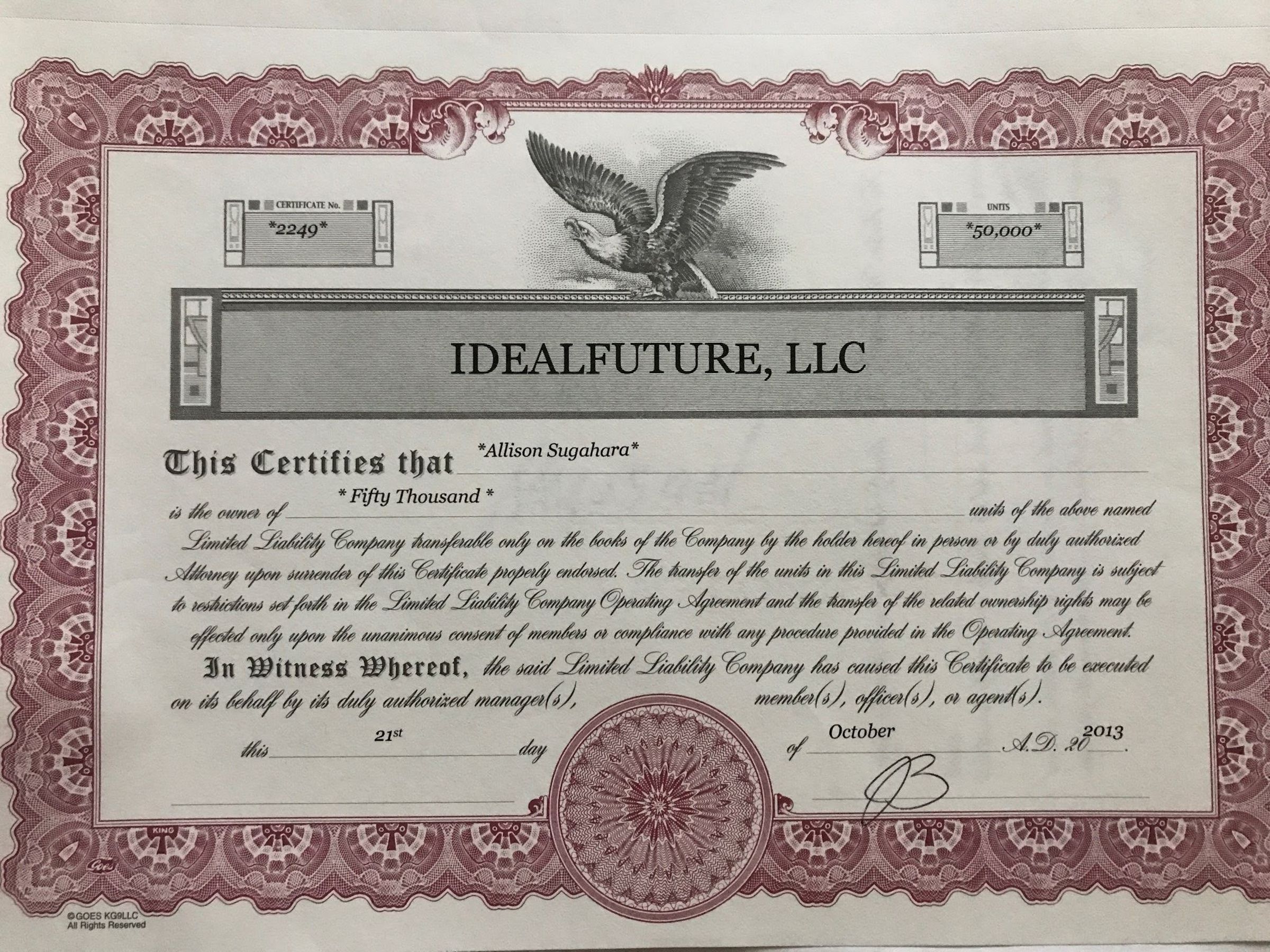 An IdealFuture stock certificate