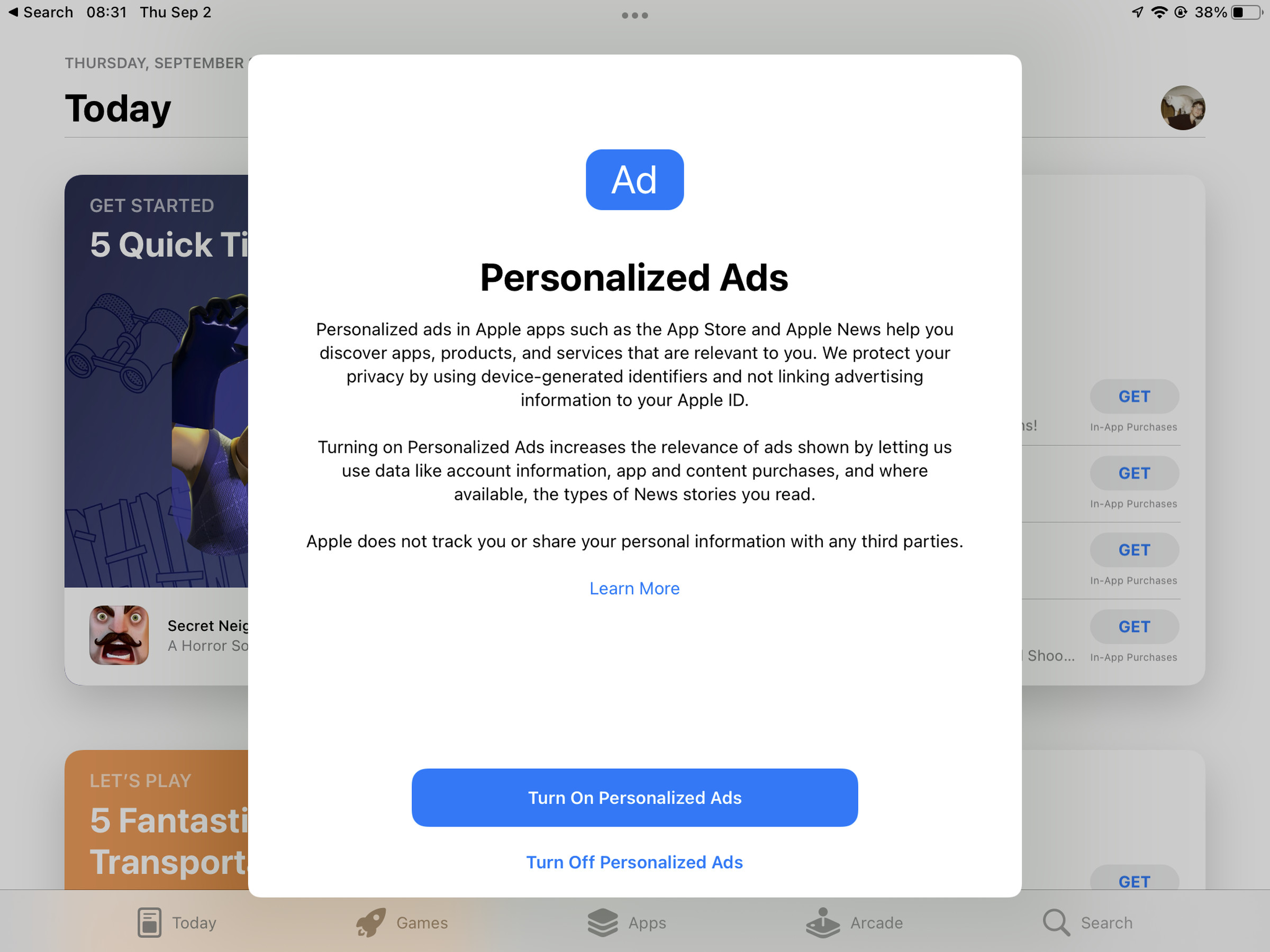 Apple’s new Personalized Ads pop-up.