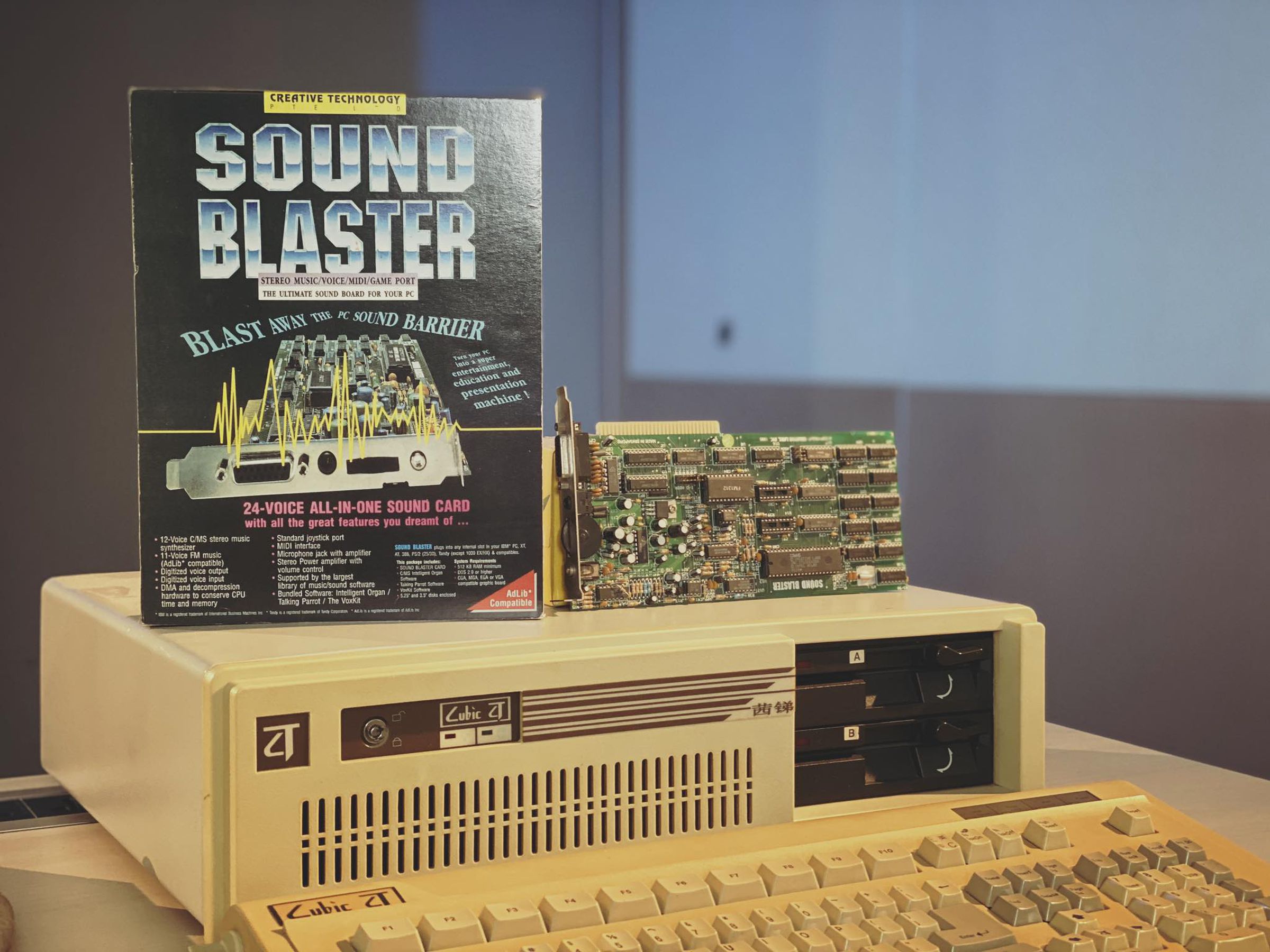Cubic CT next to the original Sound Blaster.  In fact, it was the company's second personal computer after the Cubic99 launched in 1984, which was known as 