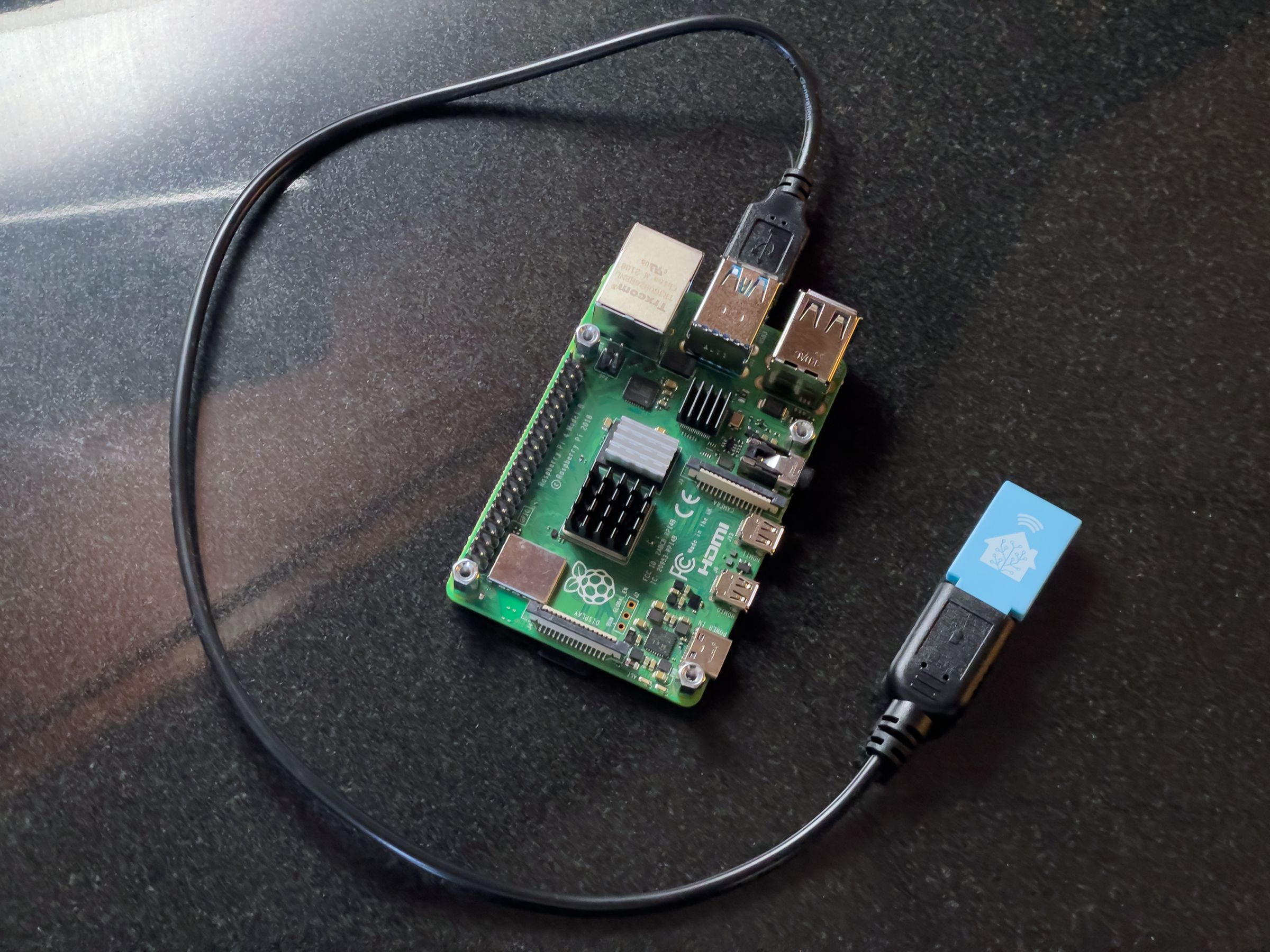 A Raspberry Pi 4b connected to a Home Assistant Skyconnect.