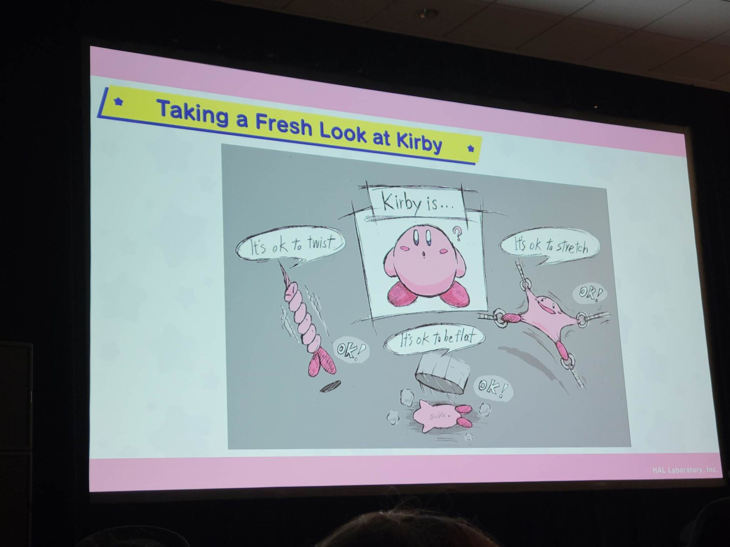 Photo of a slide from a GDC presentation featuring the pink round blob hero Kirby twisted, flattened, and stretched into weird but cute configurations