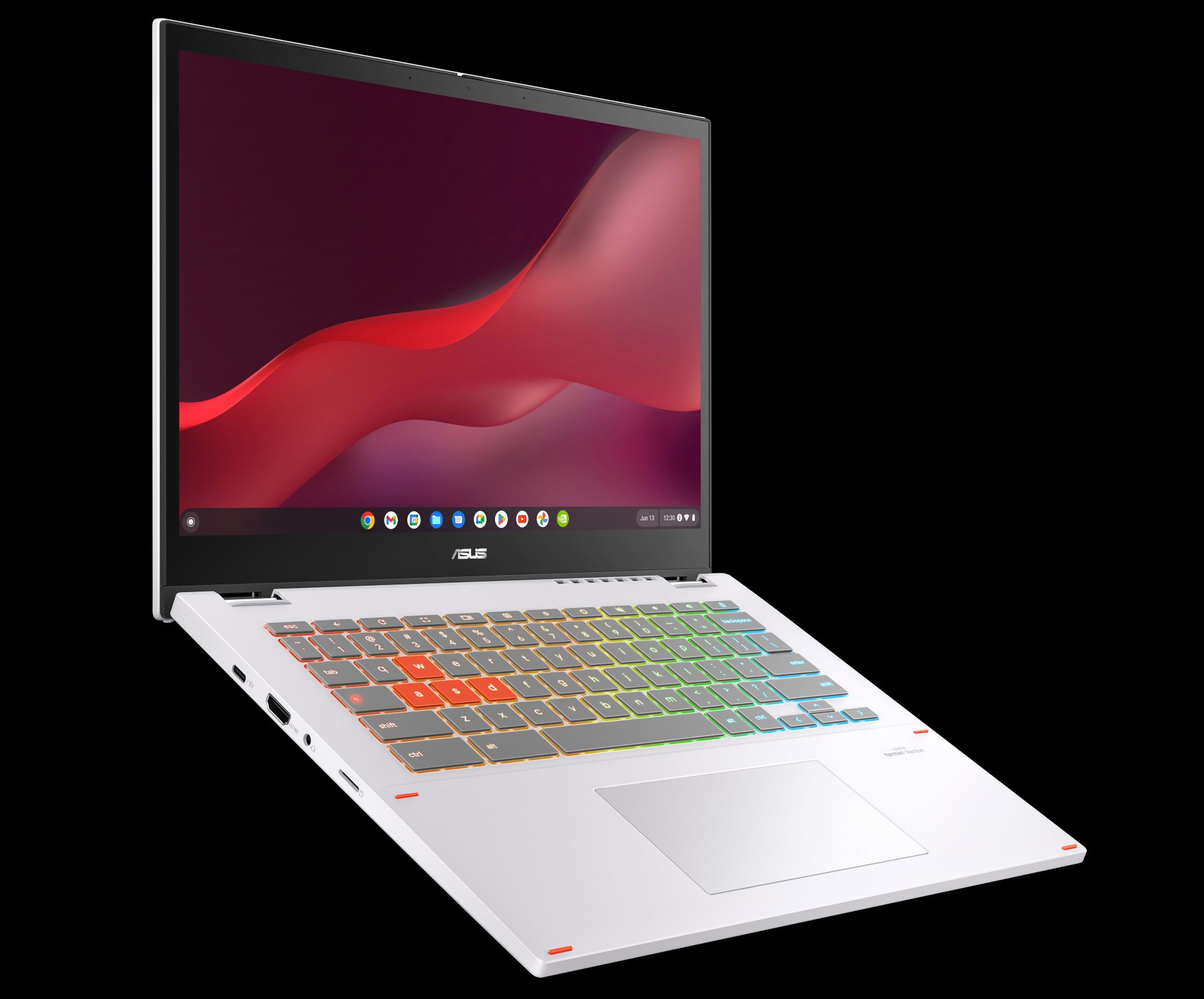 A white laptop with black screen bezel and lit up thin RGB keyboard and orange accents.