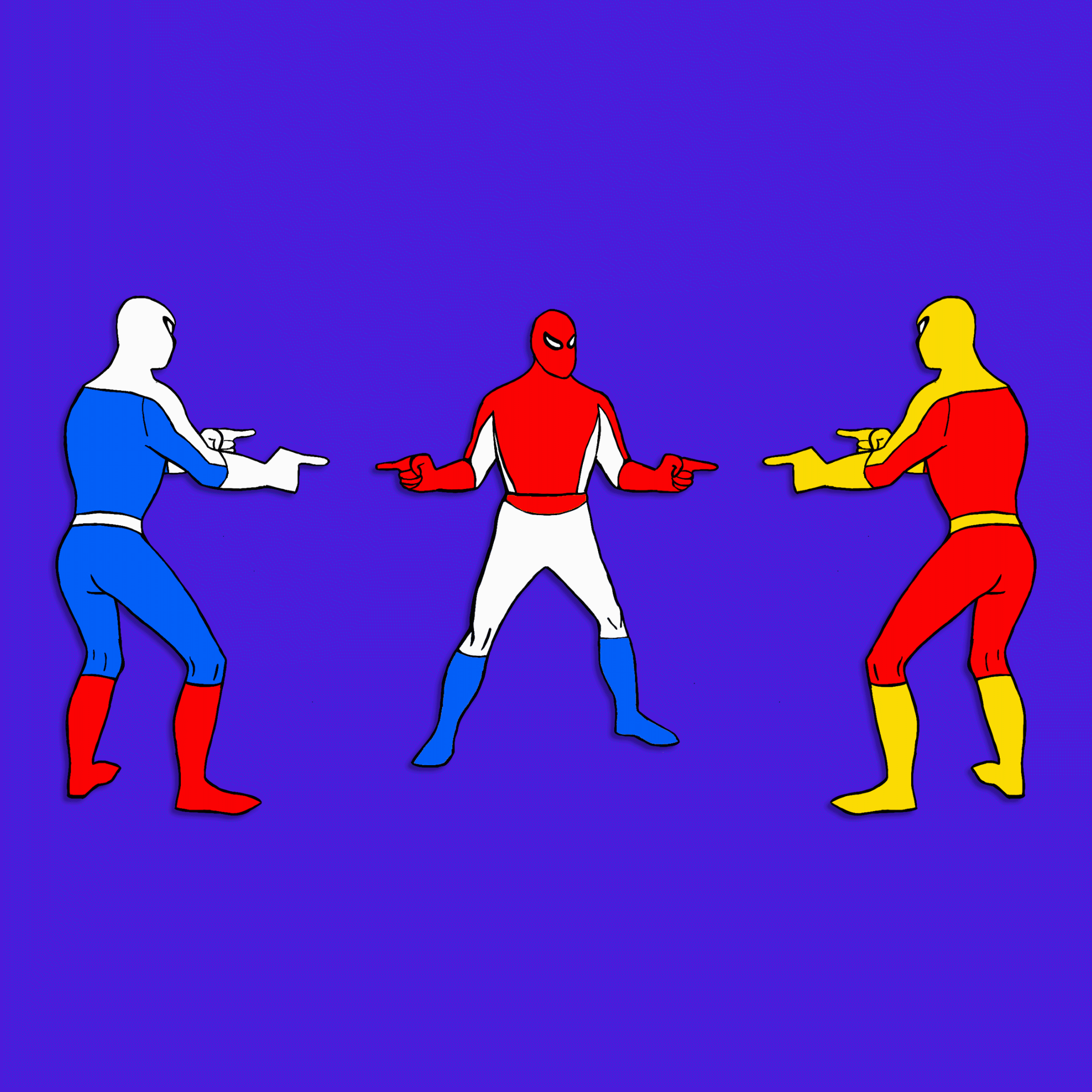 An illustration based on the Spider-Man Pointing at Spider-Man meme where there are three Spider-Man’s pointing fingers at each other. One whose outfit is red, white and blue, another's outfit is white, blue and red and the third’s outfit is red and yellow.