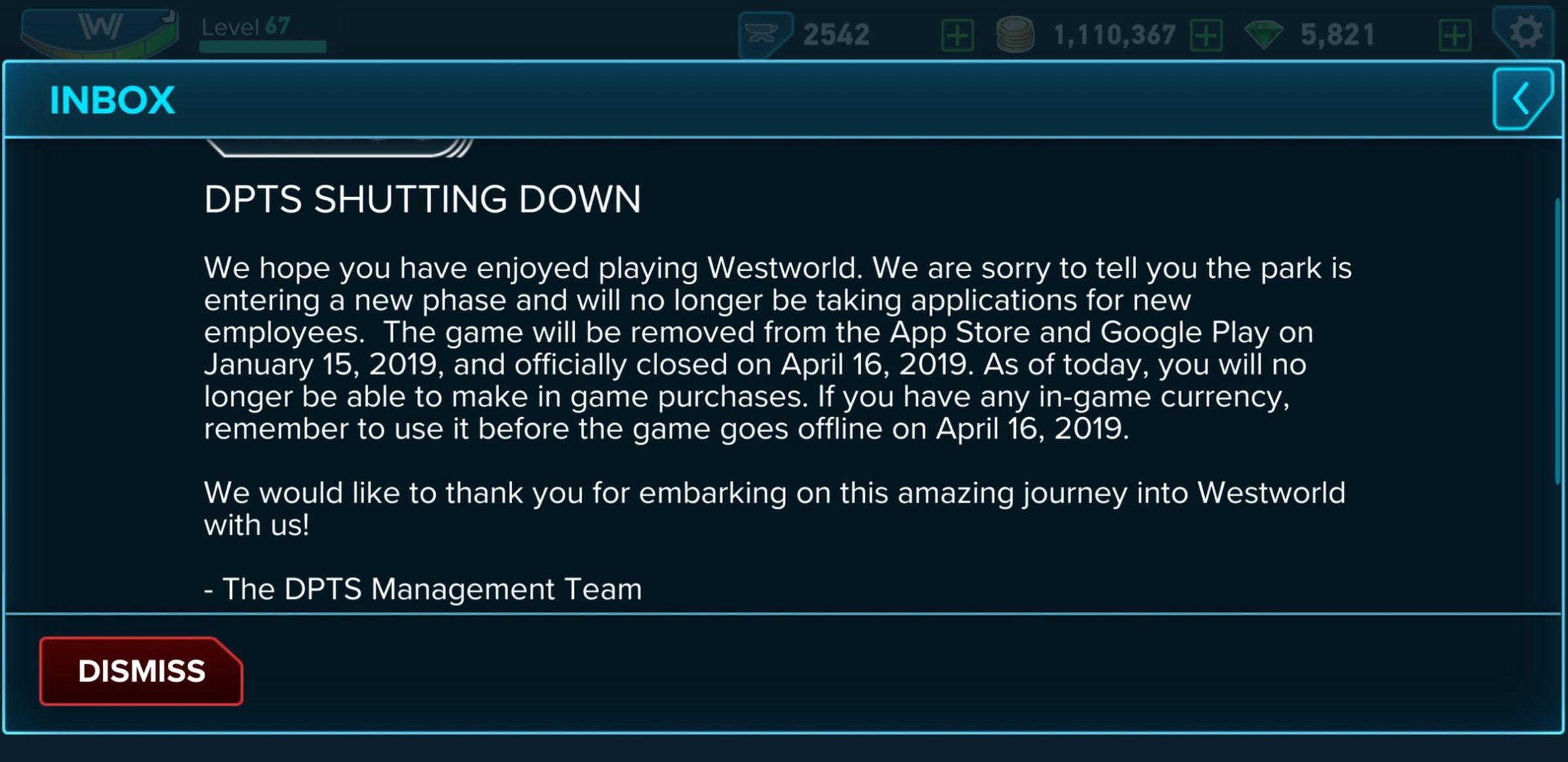 Message in Warner Bros.’ Westworld game.
