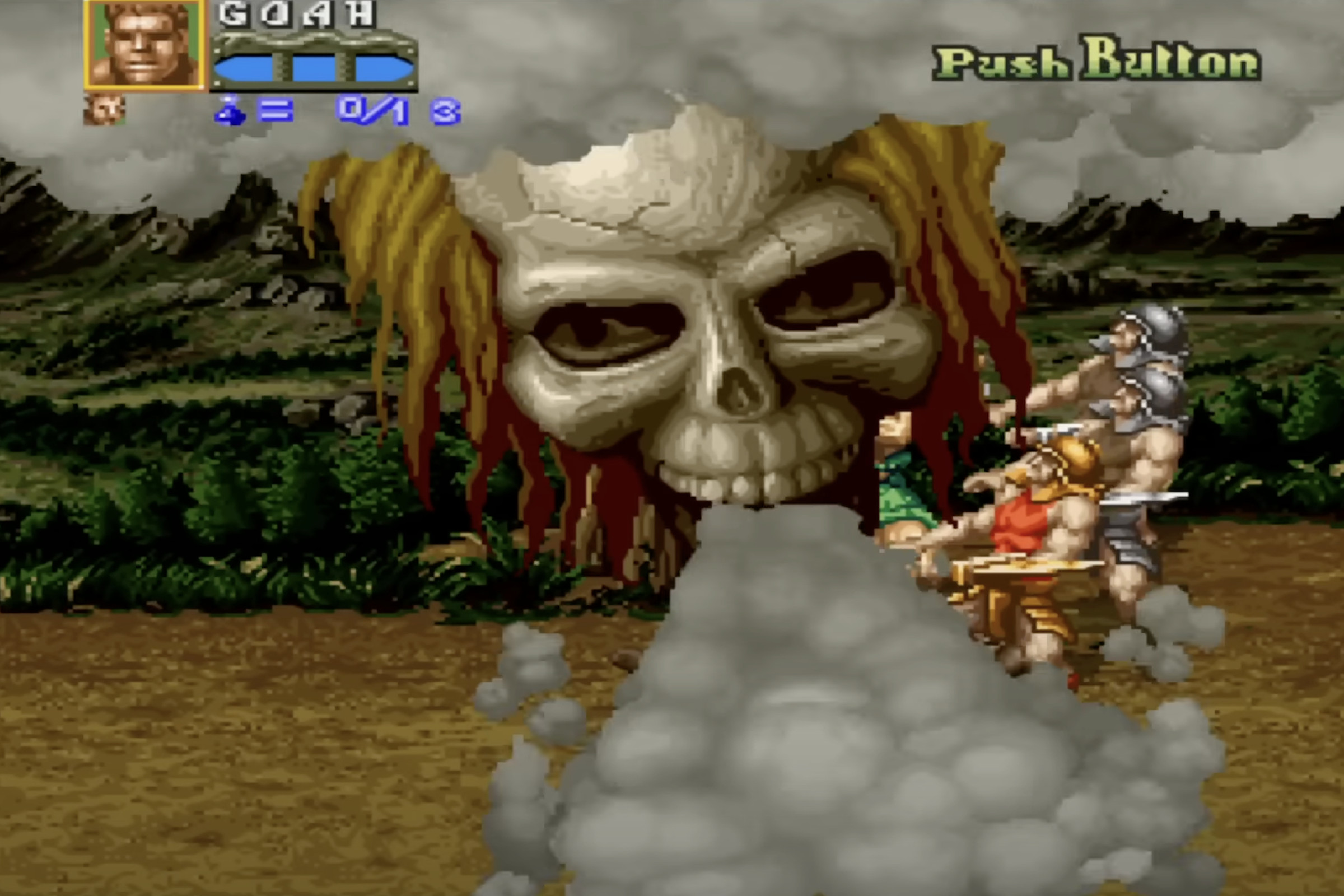 A screenshot from Golden Axe III, showing a skull floating down from the sky and blowing smoke everywhere.