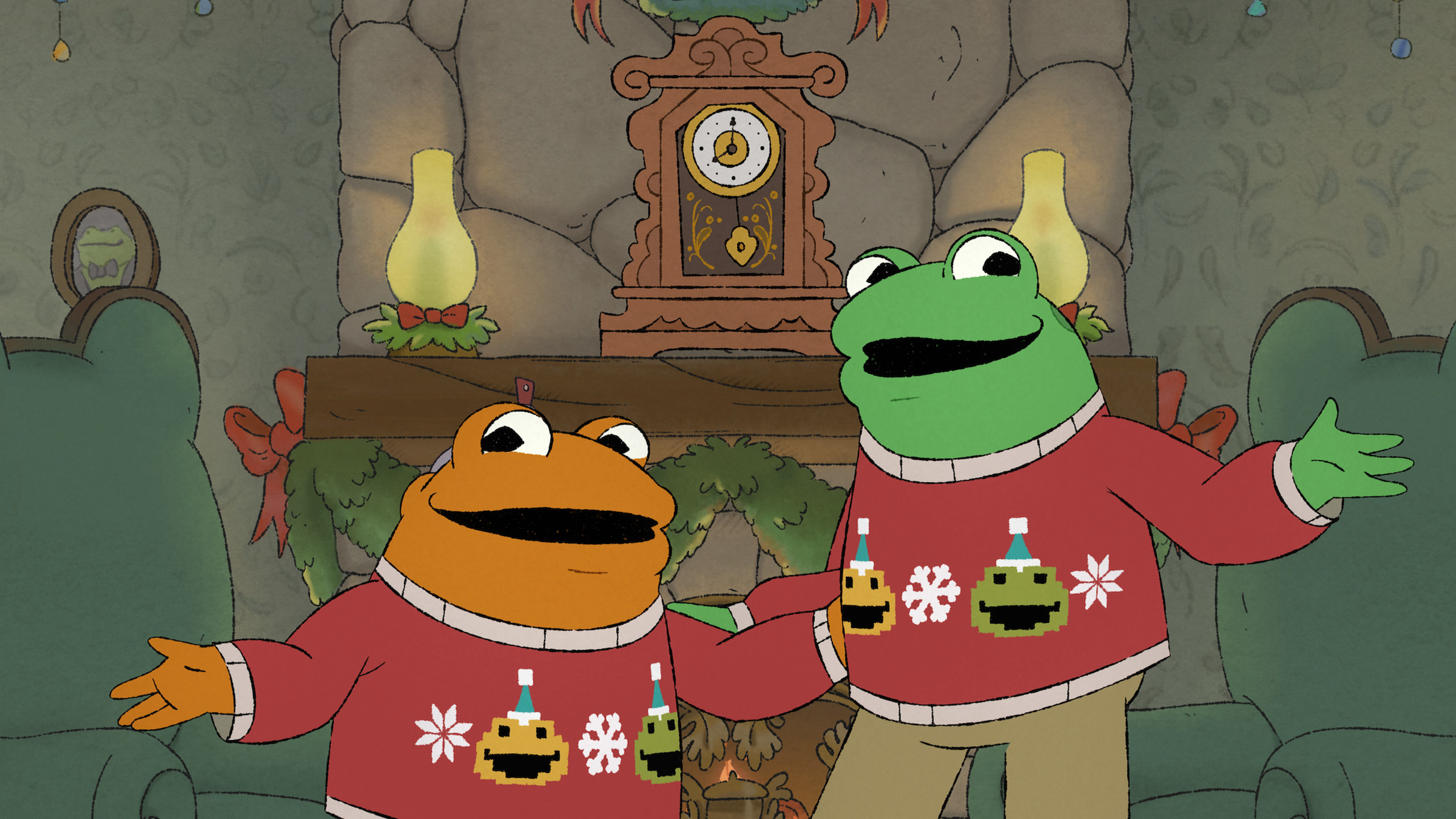 A picture of an animated frog and a toad in holiday sweaters, standing next to one another with their arms behind each other’s backs.
