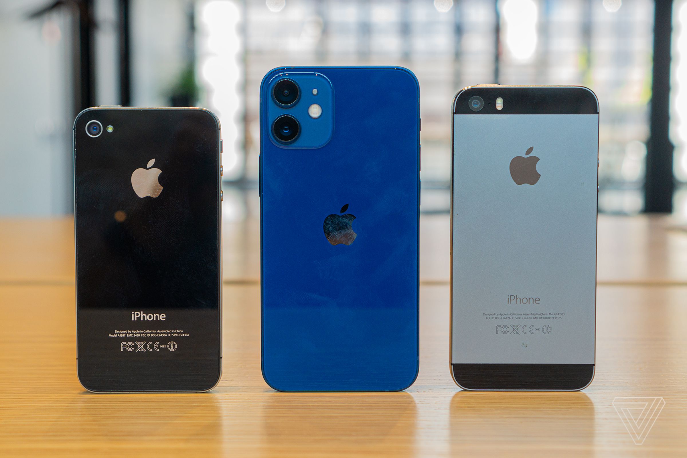 <em>From left to right: the iPhone 4S, iPhone 12 mini, and iPhone 5S.</em>