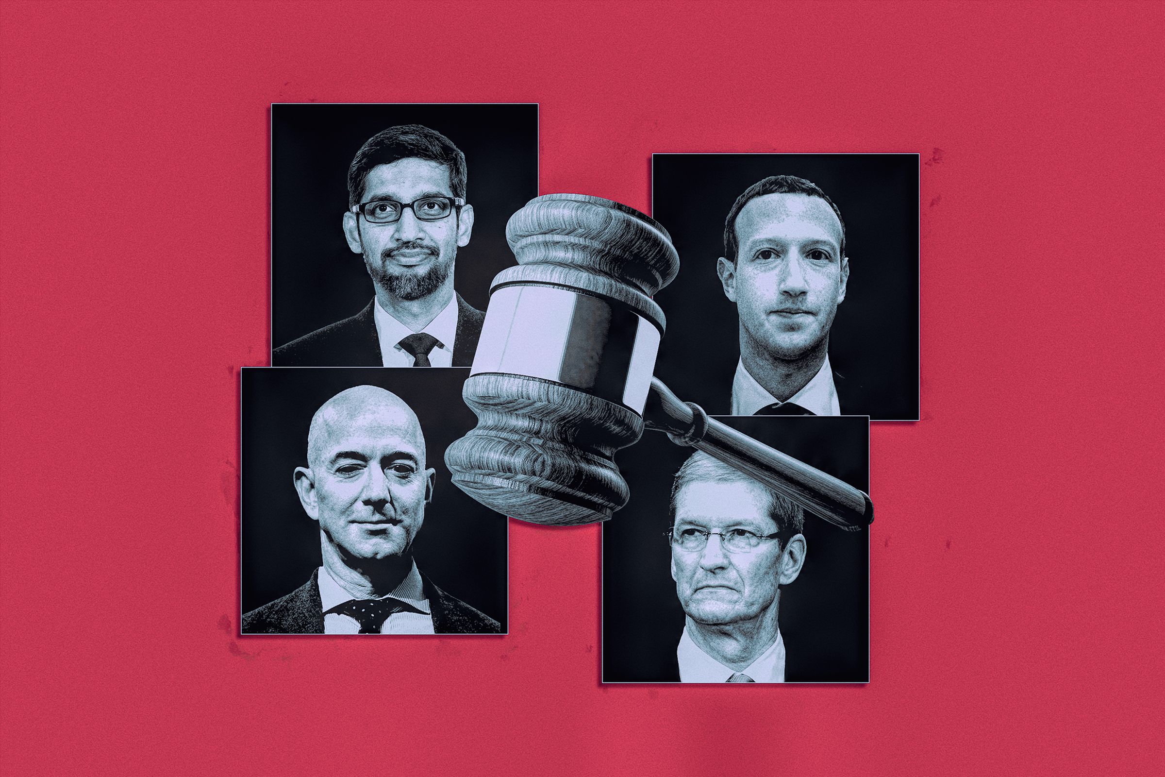 A photo illustration of a gavel center screen surrounded by black and white square cutouts of Sundar Pichai, Mark Zuckerberg, Jeff Bezos and Tim Cook over a red background.