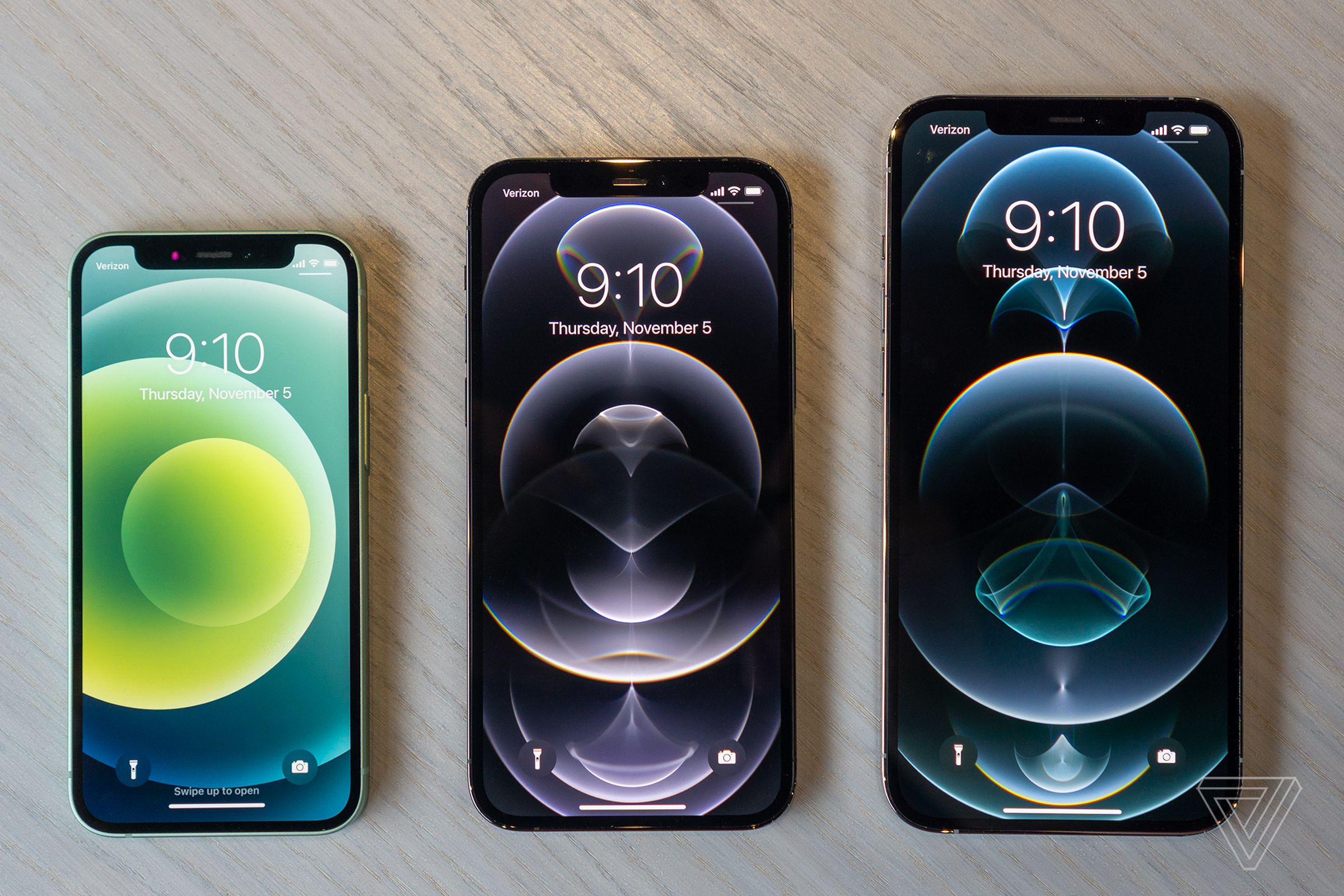 From left to right: the iPhone 12 mini, iPhone 12 Pro, and iPhone 12 Pro Max.