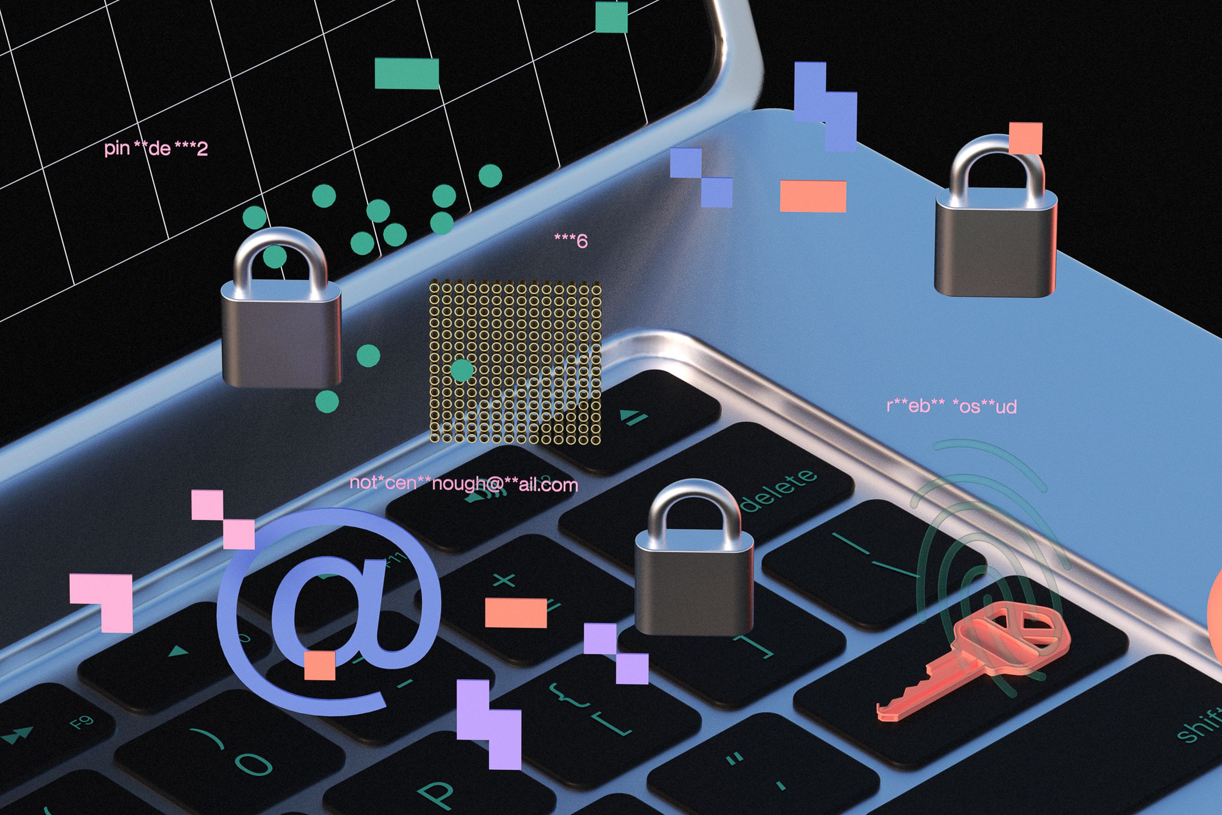 An illustration of a laptop with three locks, a key, an at sign, a key and colorful pixels all randomly placed around the image.