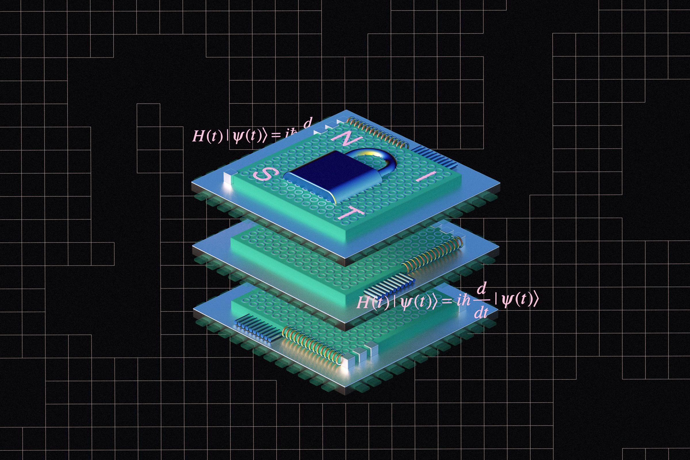 An illustration of three computer chips stacked with the letters NIST and a lock imprinted on them.