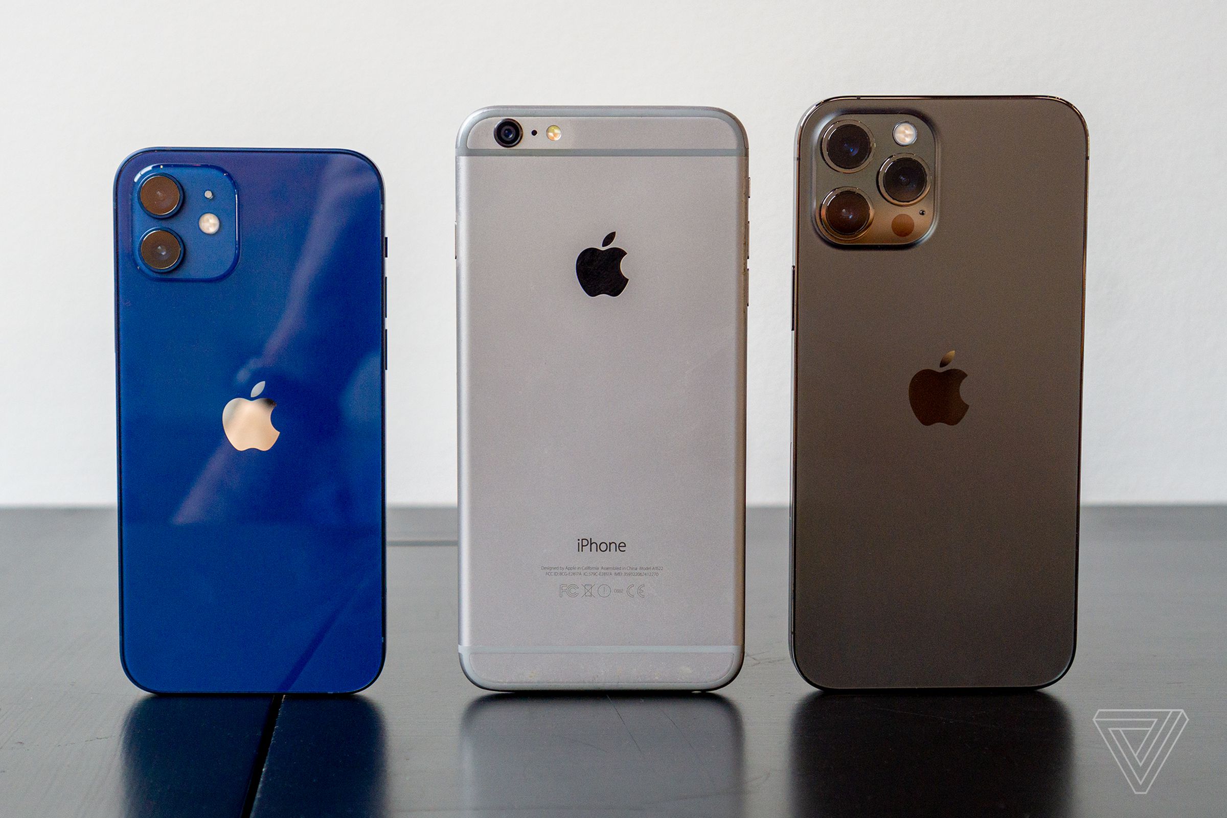 From left to right: the iPhone 12, iPhone 6 Plus, iPhone 12 Pro Max.