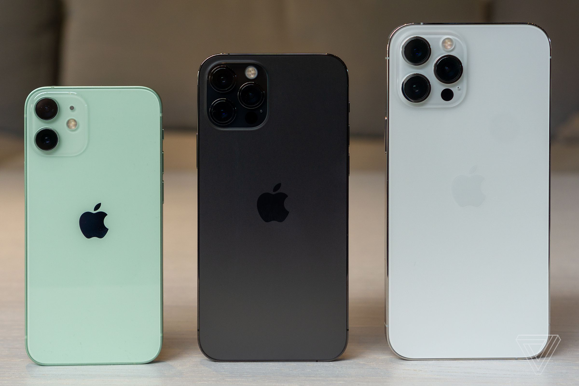 From left to right: the iPhone 12 mini, iPhone 12 Pro, iPhone 12 Pro Max.