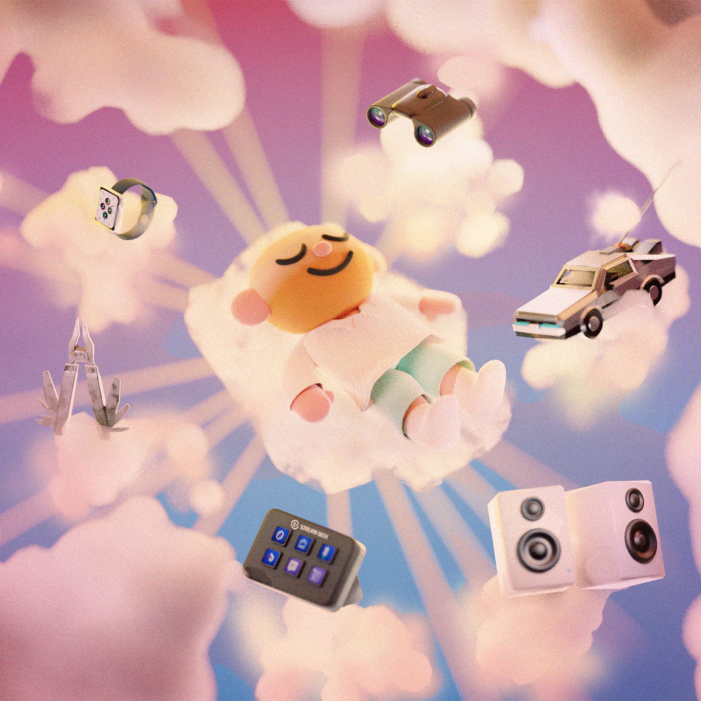 3D Illustration of a father relaxing on a cloud during sunset, surrounded by gifts.