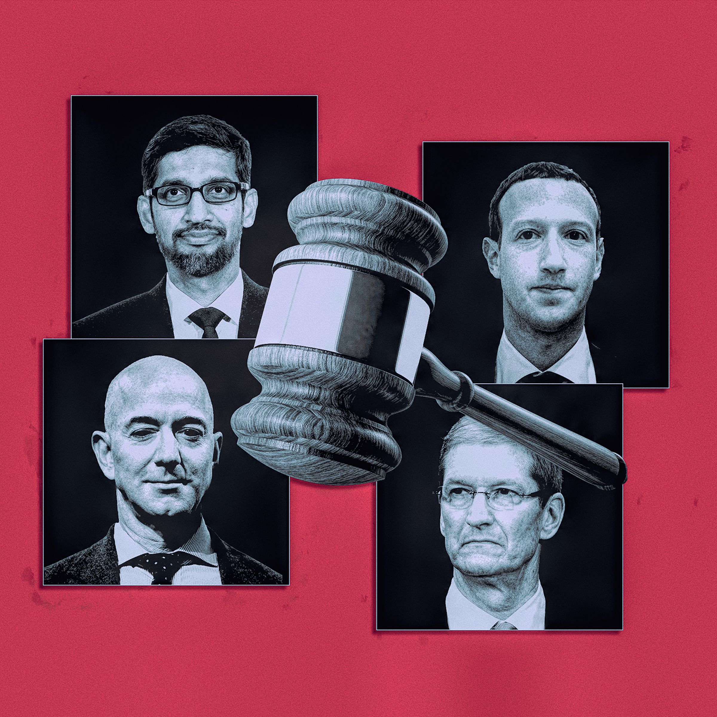 A photo illustration of a gavel center screen surrounded by black and white square cutouts of Sundar Pichai, Mark Zuckerberg, Jeff Bezos and Tim Cook over a red background.