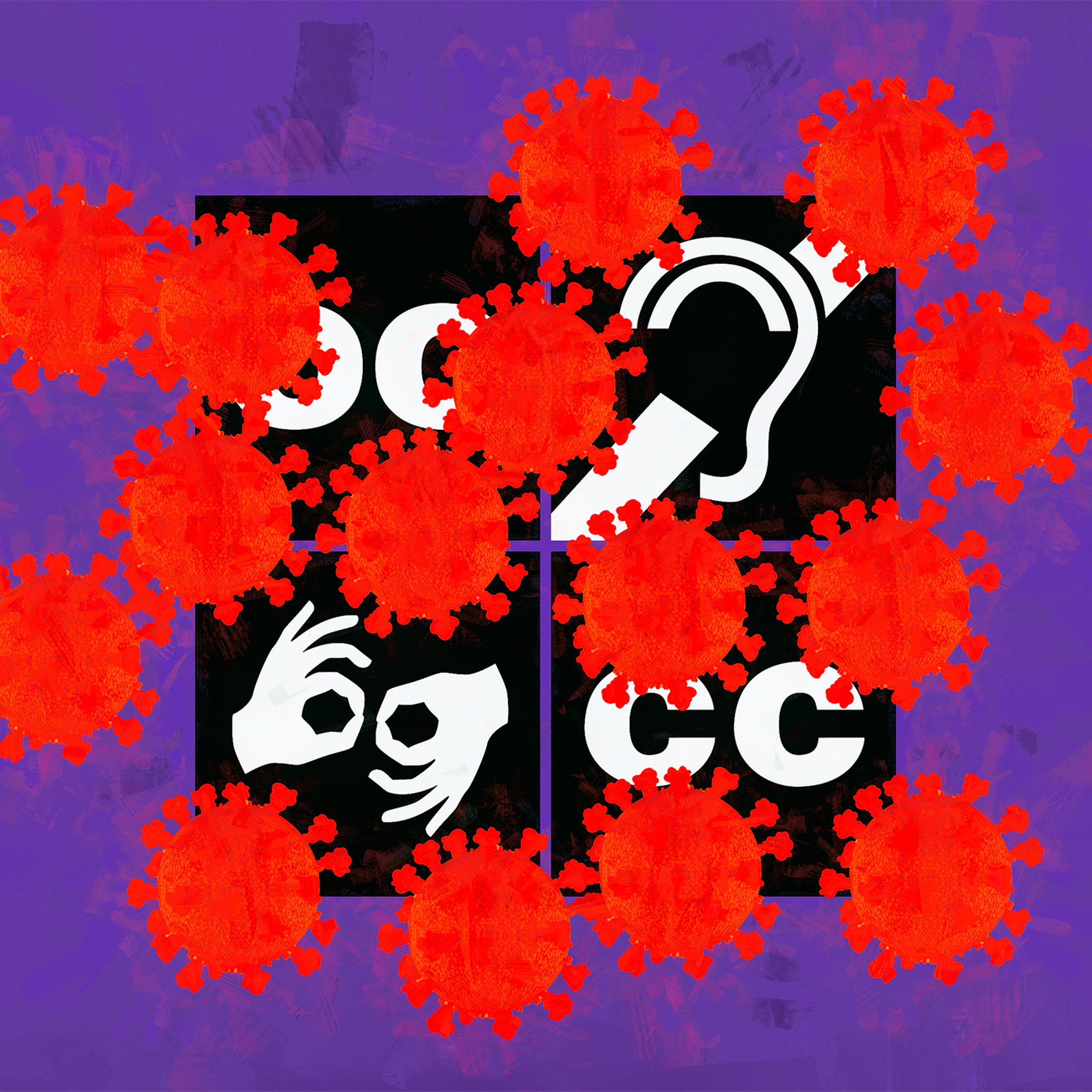 A collage with a purple background, showing four black squares with accessibility symbols on them, including the symbols for open captions, hearing loop, ASL interpreting, and closed captions. Partially blocking the symbols are simplified red coronavirus molecules.