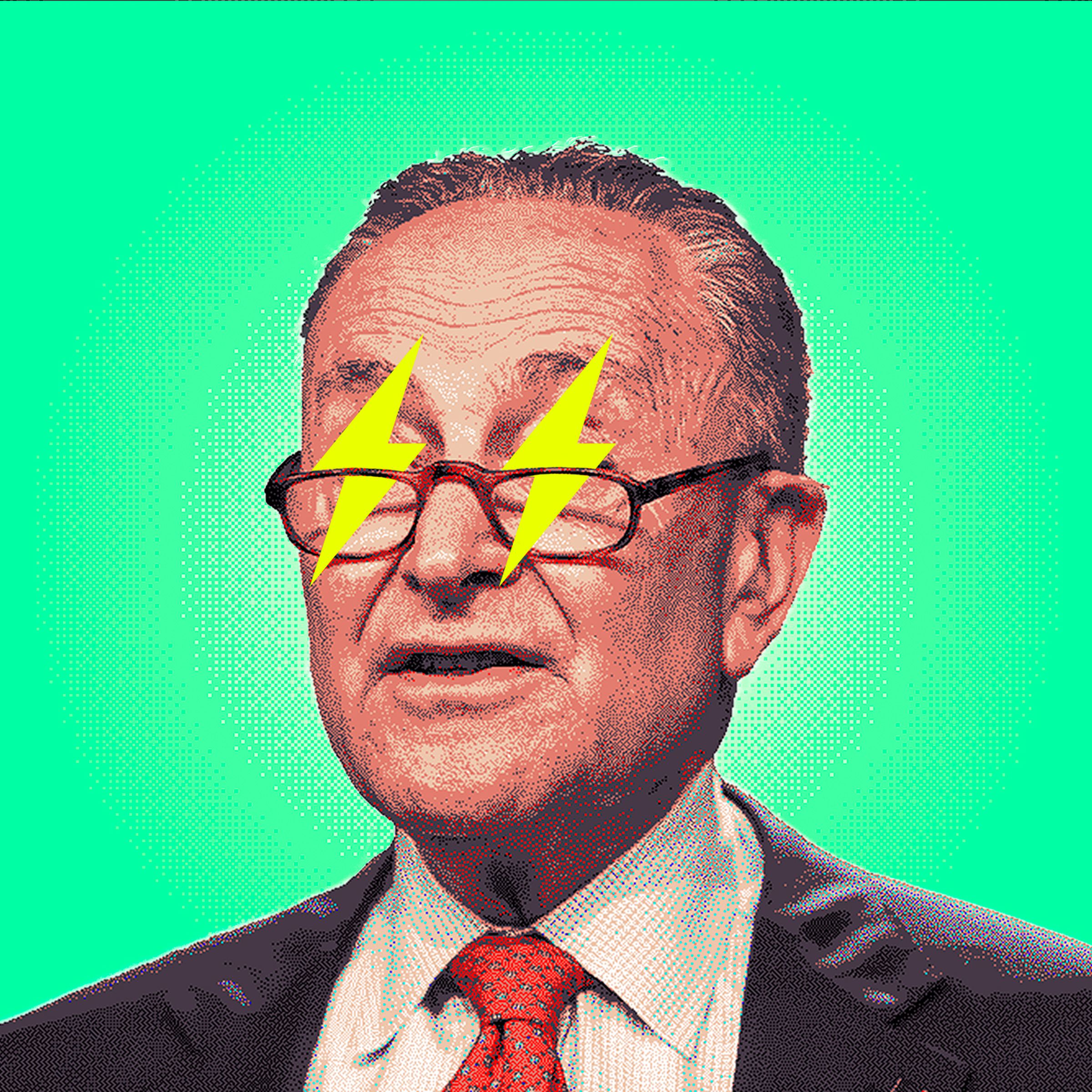 A photo illustration of Chuck Schumer with yellow lightning bolts covering his eyes.