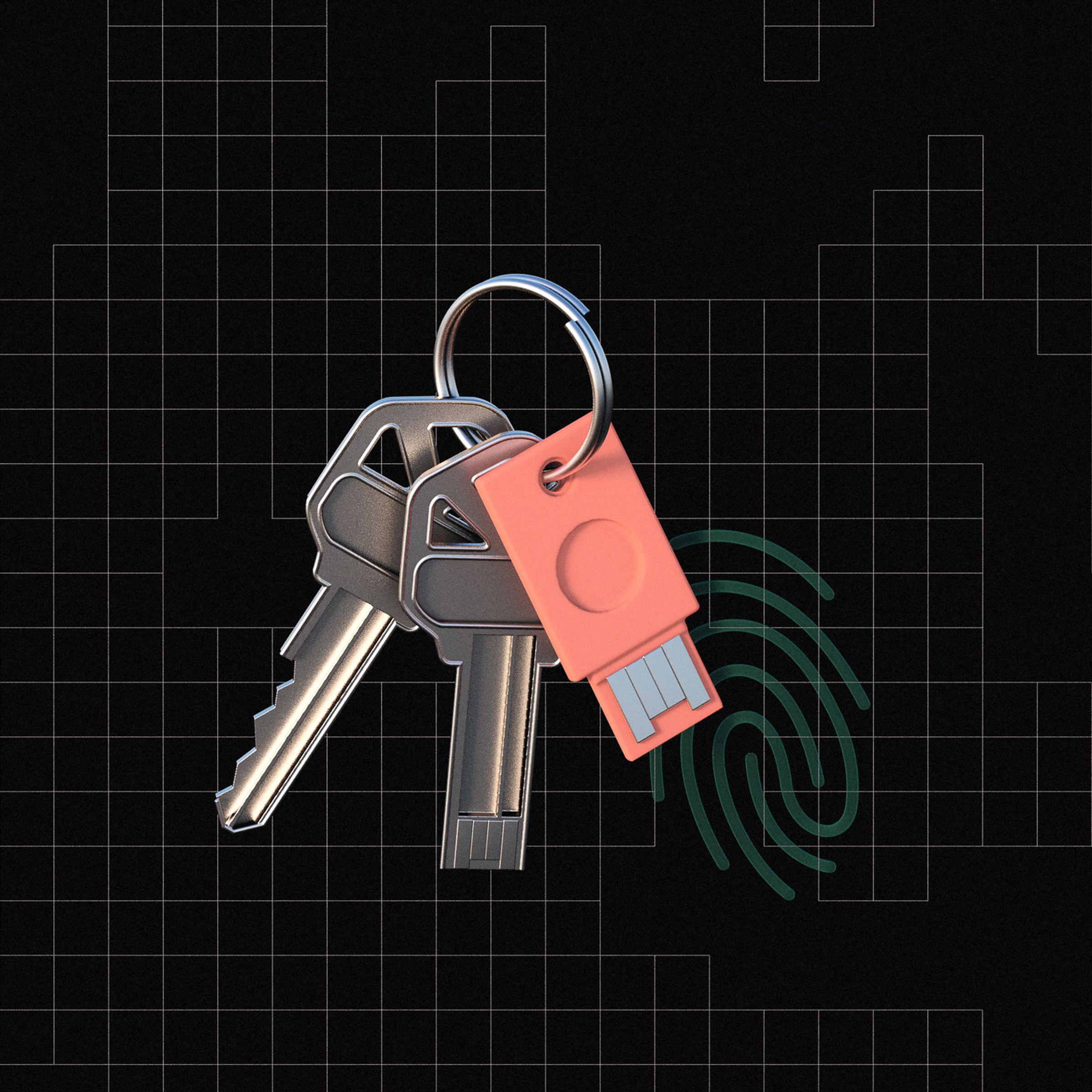 An illustration of a key ring with a regular house hold type key, small flash drive, and a key that has the connector of a flash drive all on the ring. A thumb print is next to the key ring.