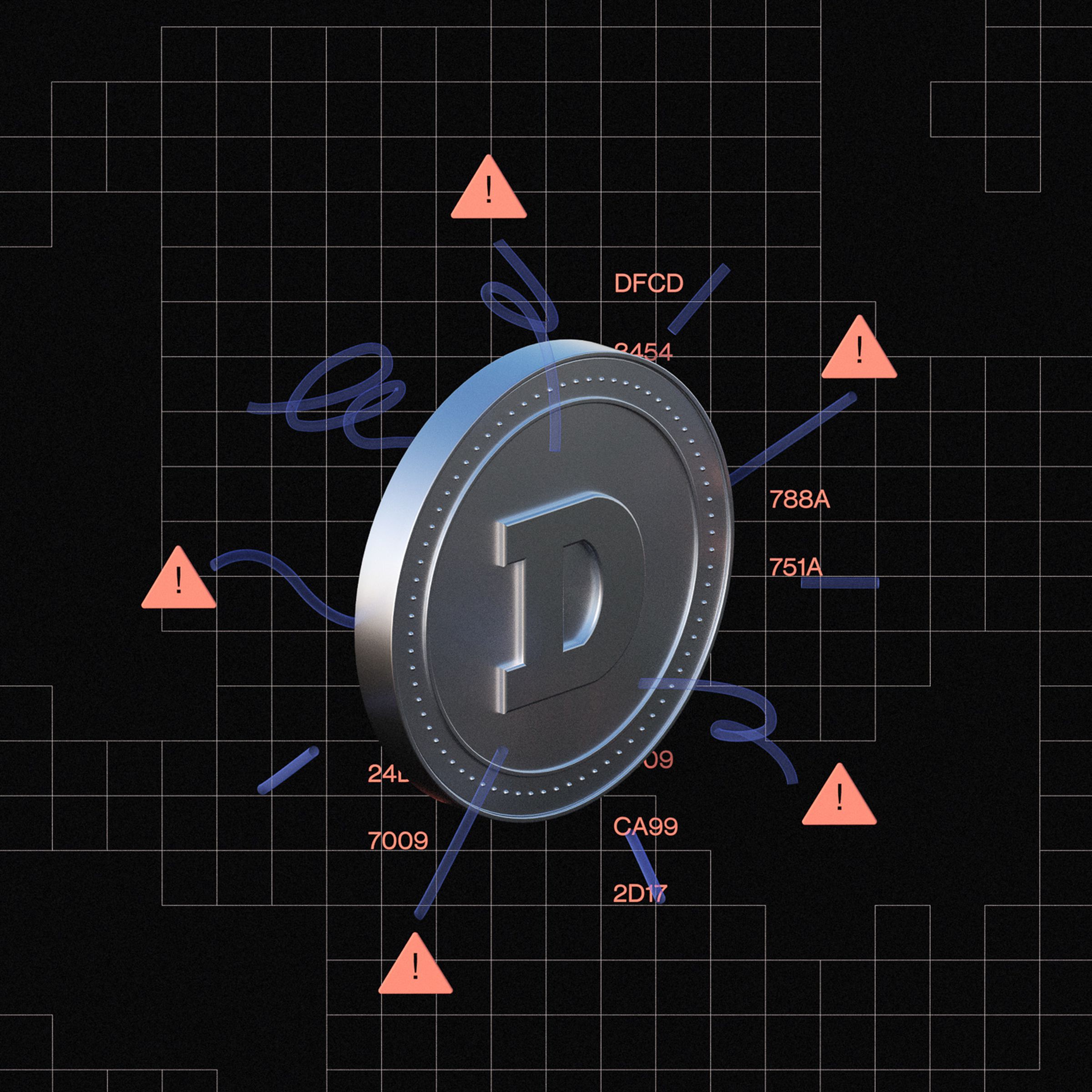 An illustrated Dogecoin surrounded by warning signs.