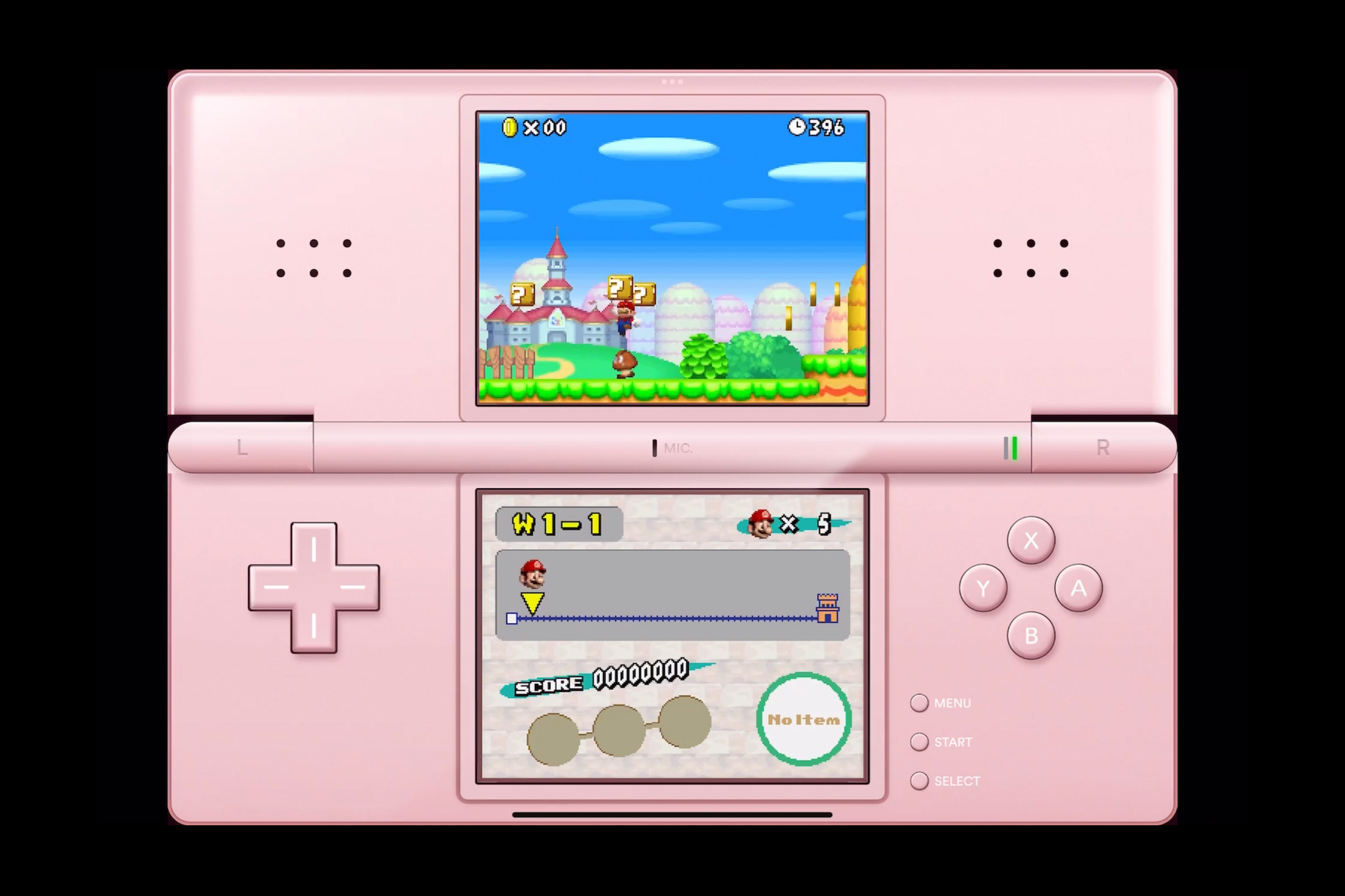 A screenshot of Delta running on an iPad with a skin that more closely resembles the Nintendo DS Lite.