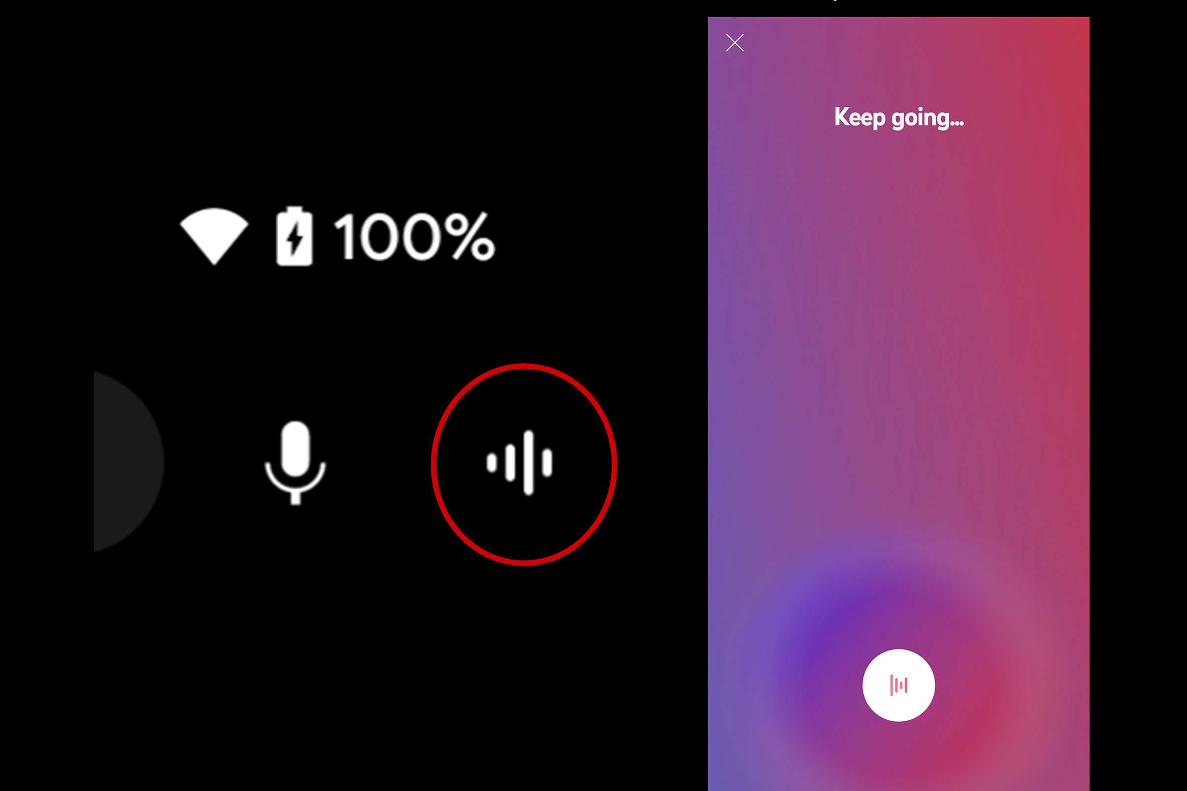 Two screenshots, one of the waveform icon, and one of the screen YouTube Music shows when listening.