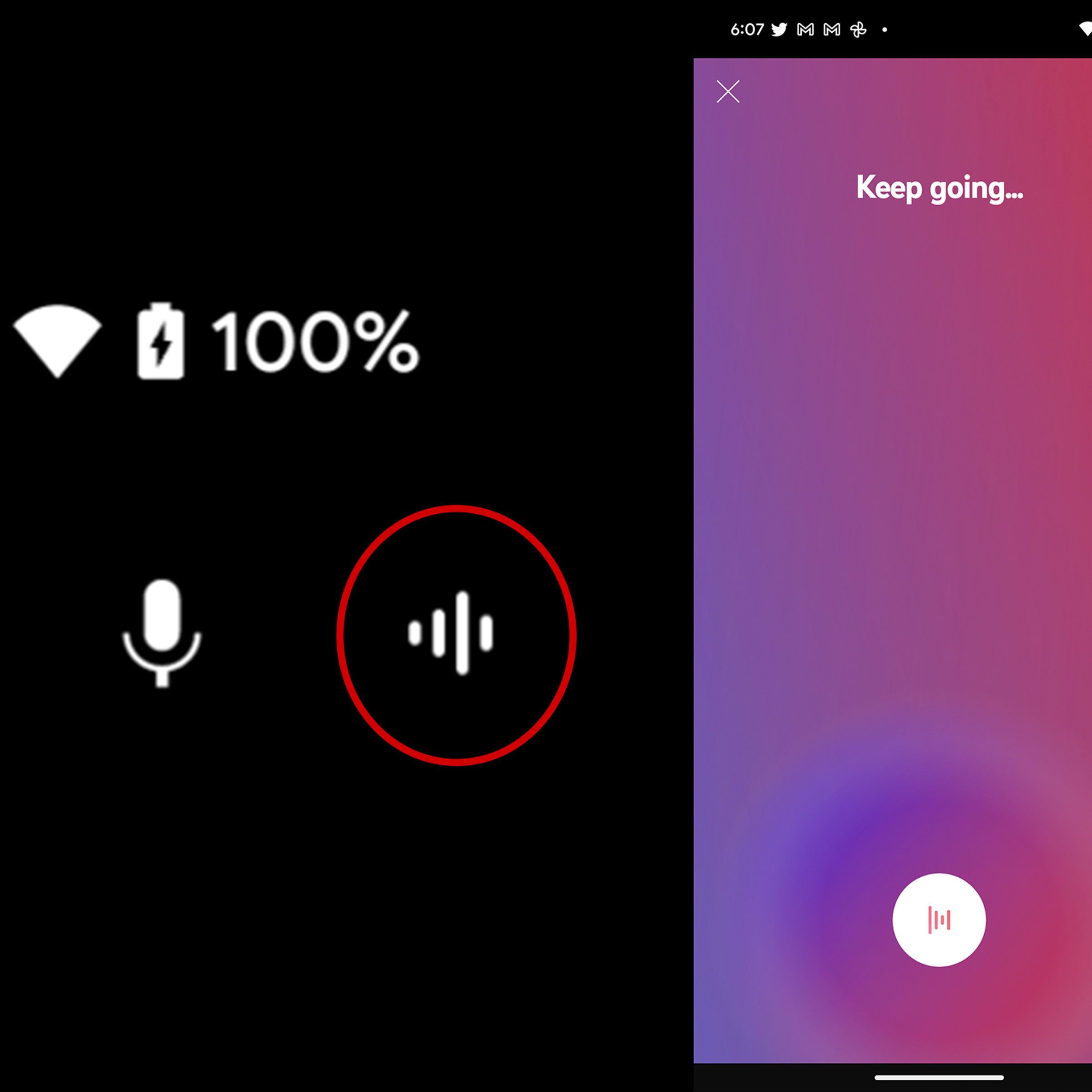 Two screenshots, one of the waveform icon, and one of the screen YouTube Music shows when listening.