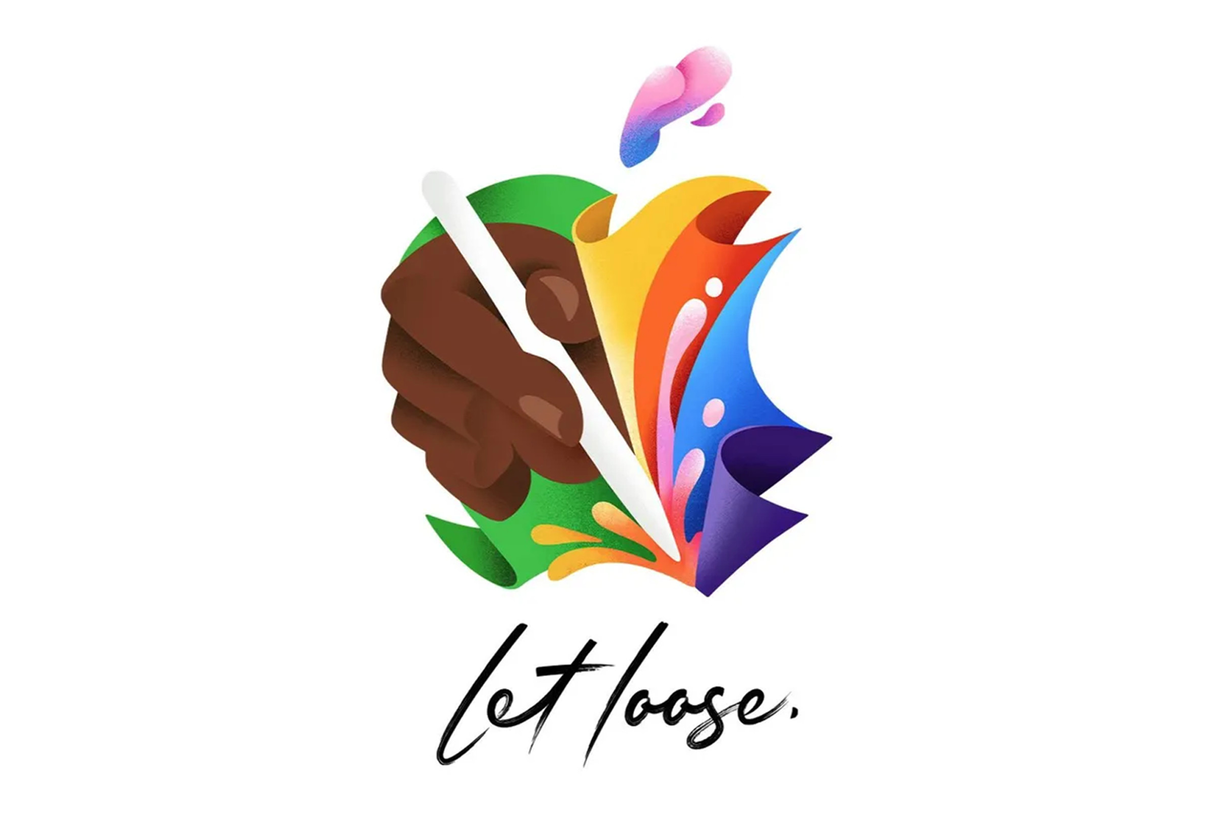 A version of the Apple logo featuring a hand holding an Apple Pencil and the words “Let loose.”
