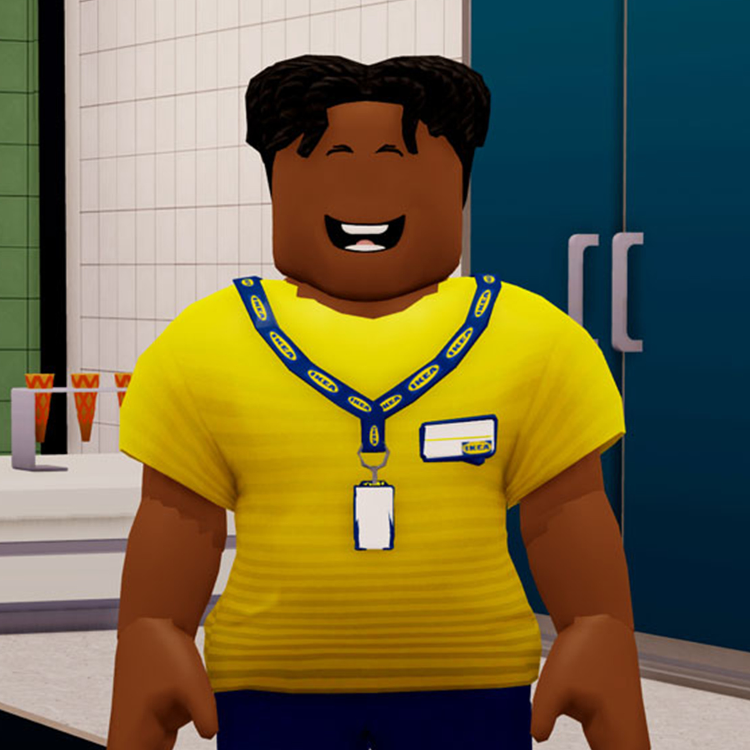 A picture of a Roblox Ikea in-game co-worker model, smiling.