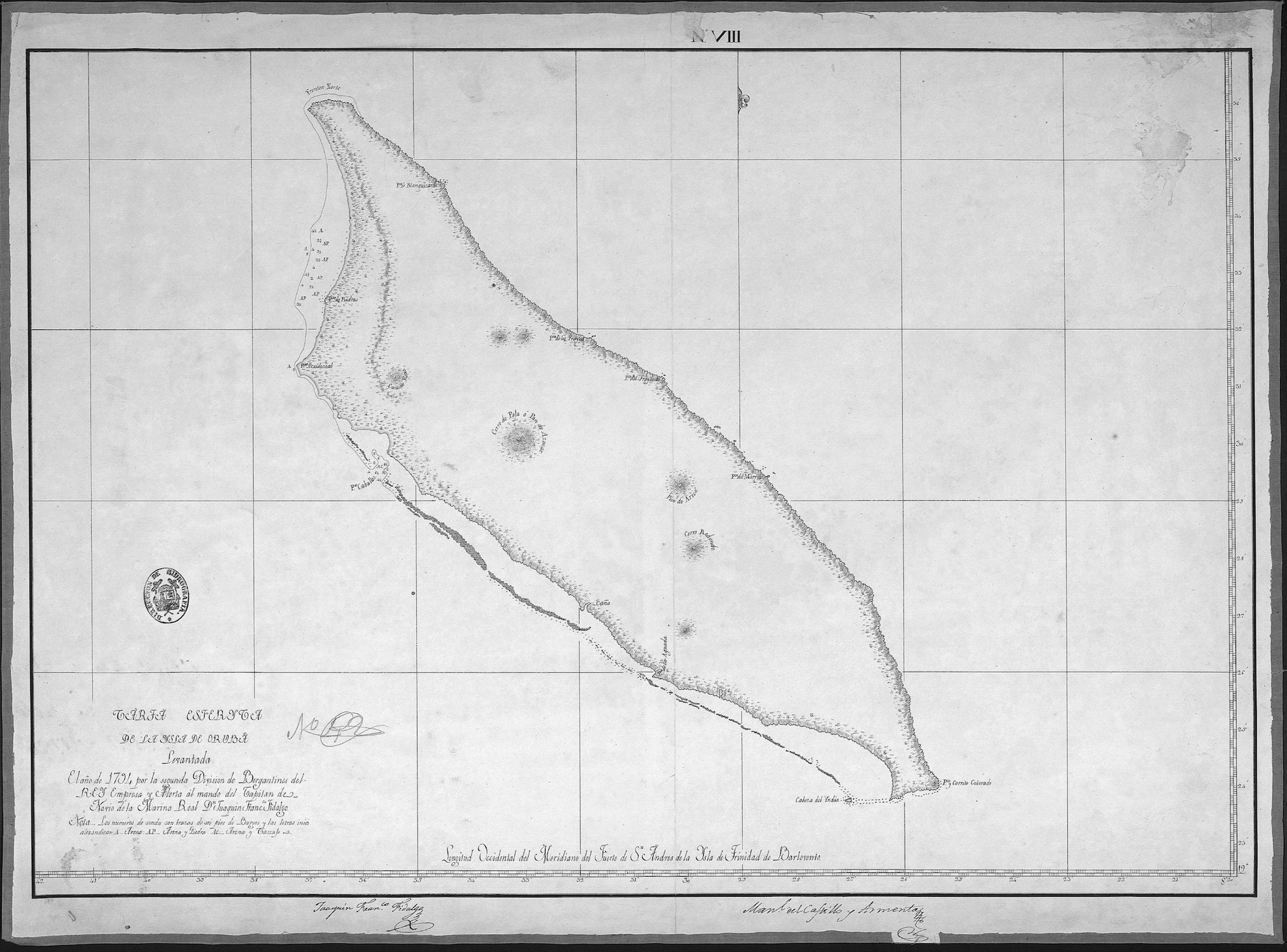 A scan of a hand-drawn map of Aruba from 1794.