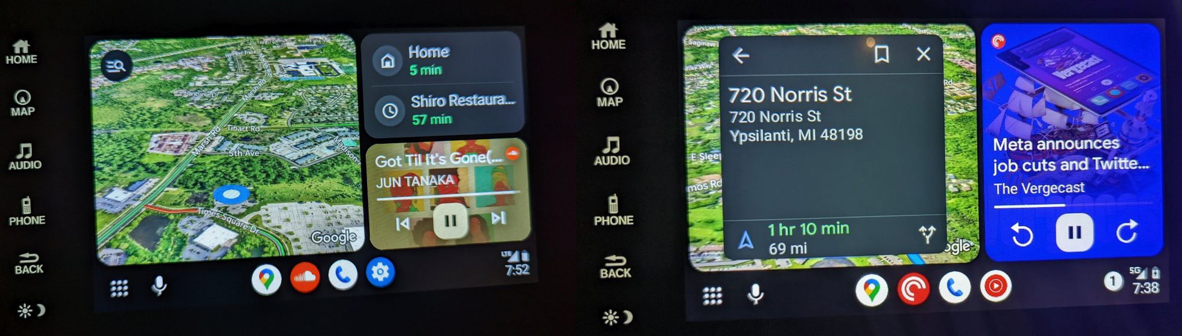 Left: Android Auto with three panes visible, on the right, Android Auto with two panes.