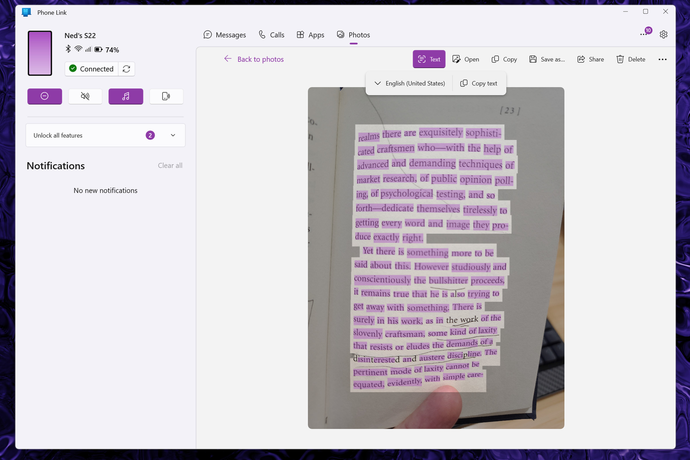 Screenshot of the Microsoft Phone Link app, displaying a photo of a page from Harry Frankfurt’s “On Bullshit,” with most of the words selected in a purple highlight. 