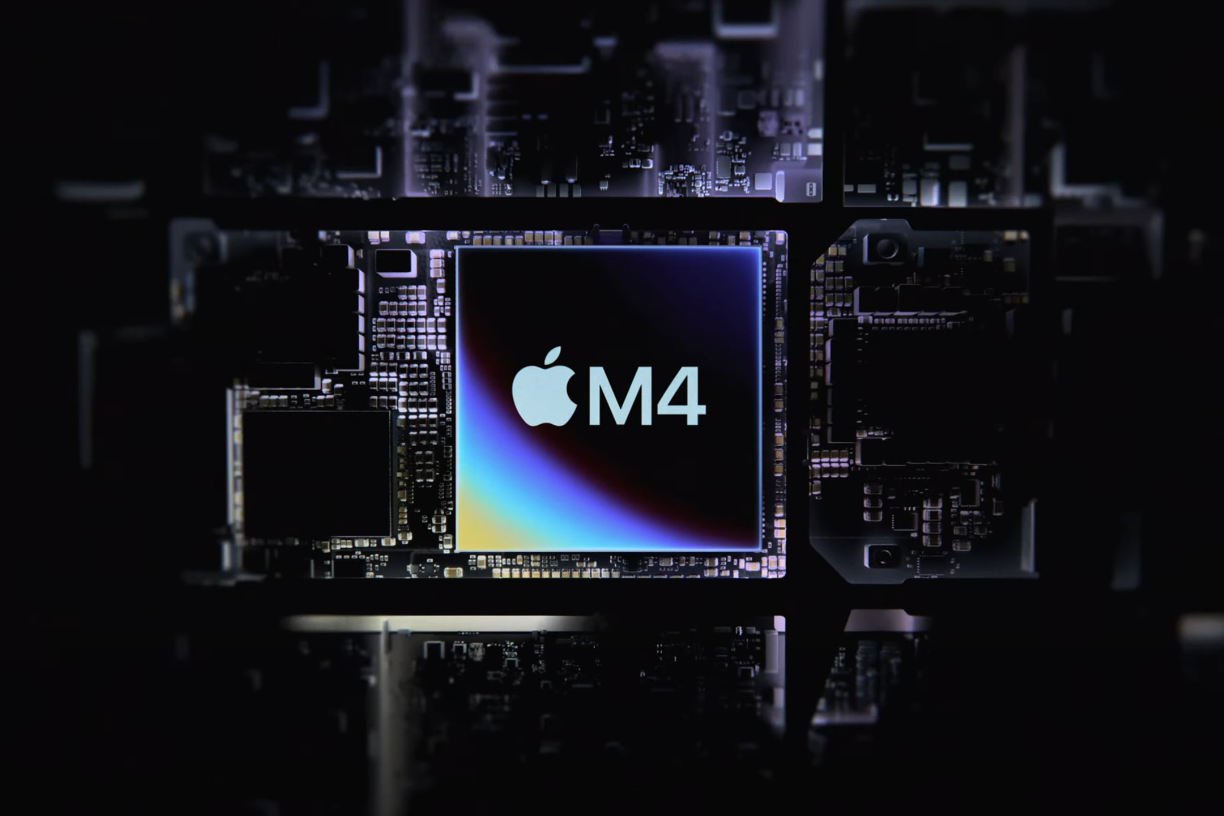 An M4 chip graphic showing a square labeled M4 sitting on a board.