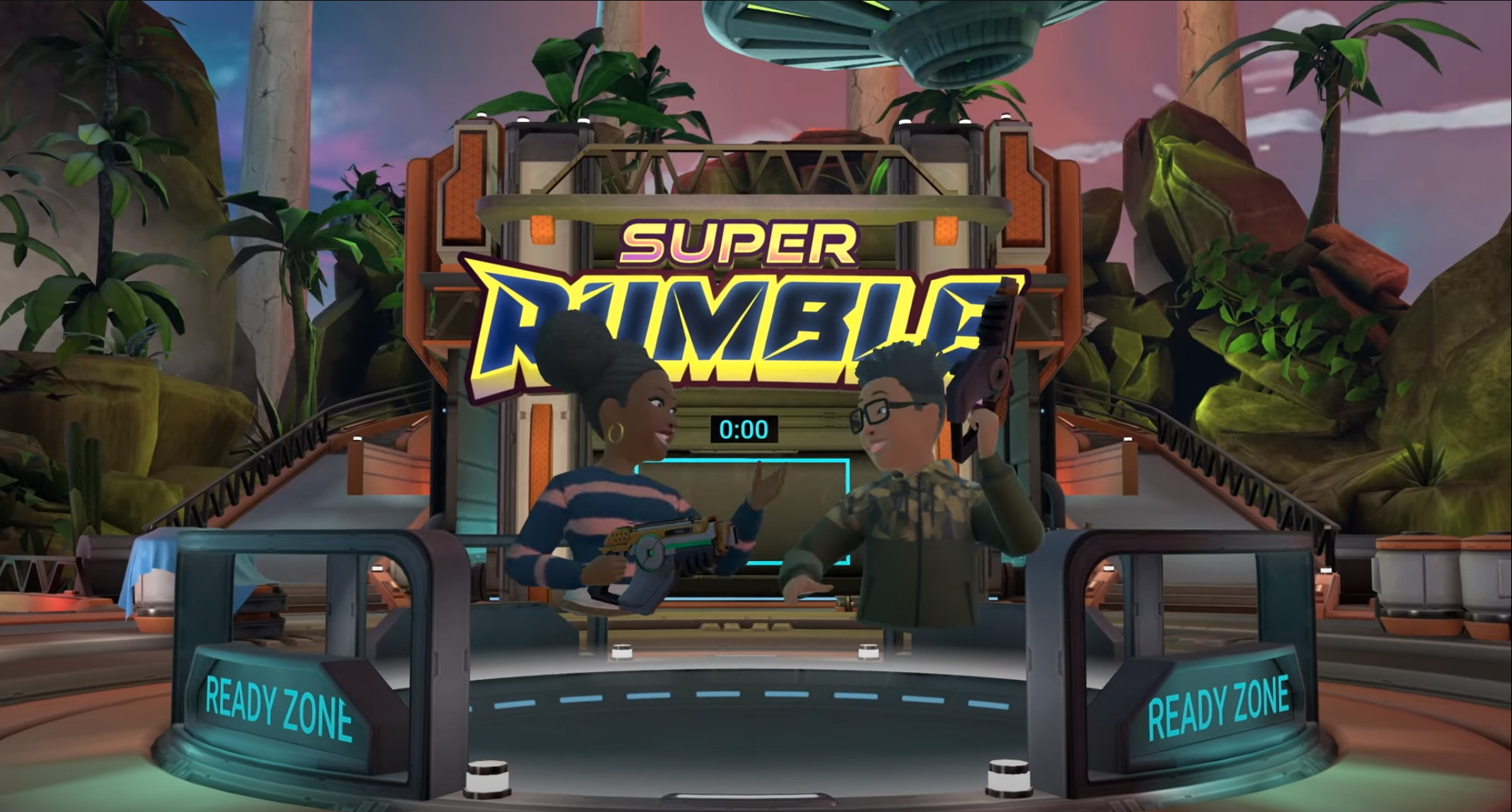 A screenshot of Super Rumble characters high-fiving in the arena.