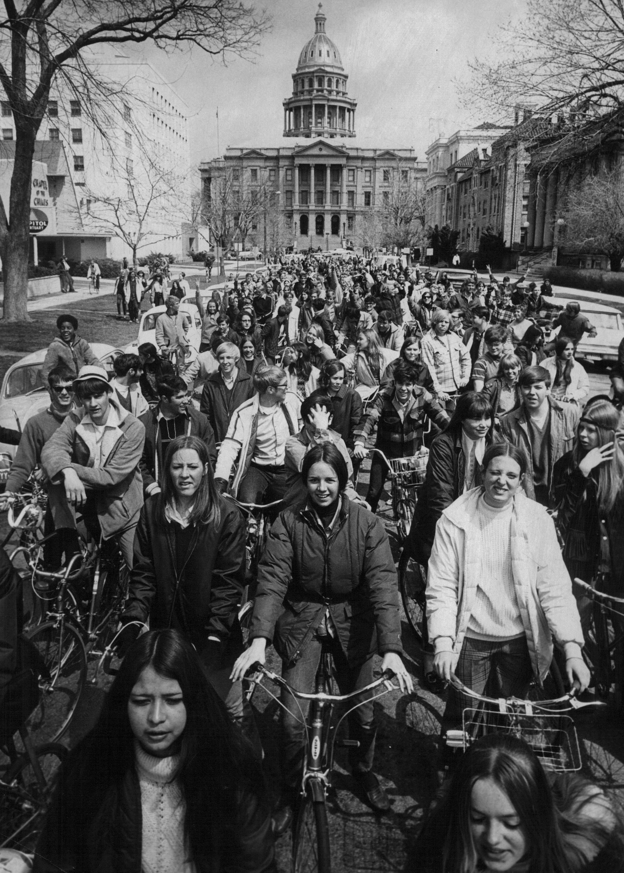 APR 22 1970, APR 22 1973, SEP 23 1974; Bicyclists Demonstrate Near State Capitol During 1970 Earth D