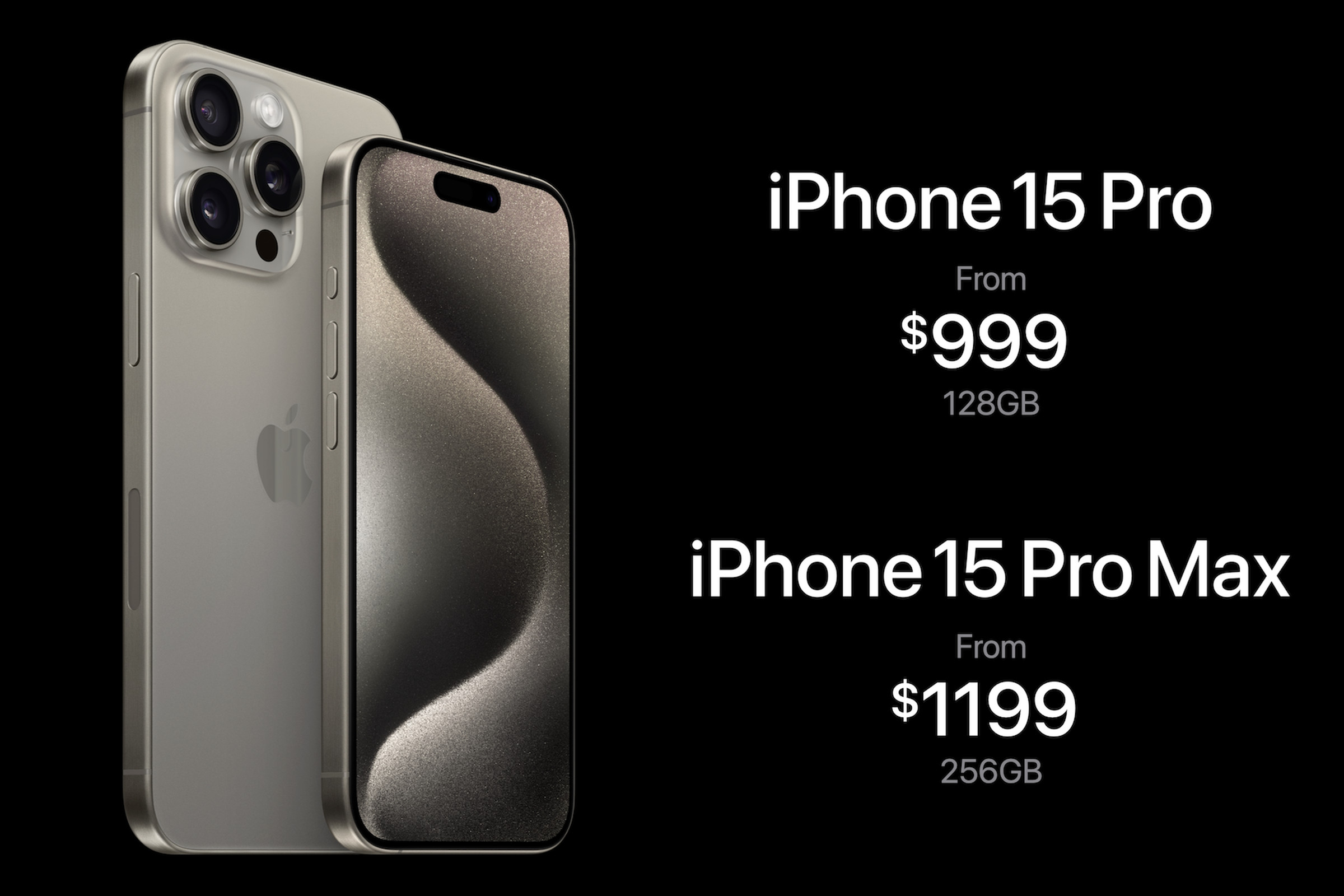 A picture of the iPhone 15 Pro and 15 Pro Max together, with prices listed on the right.