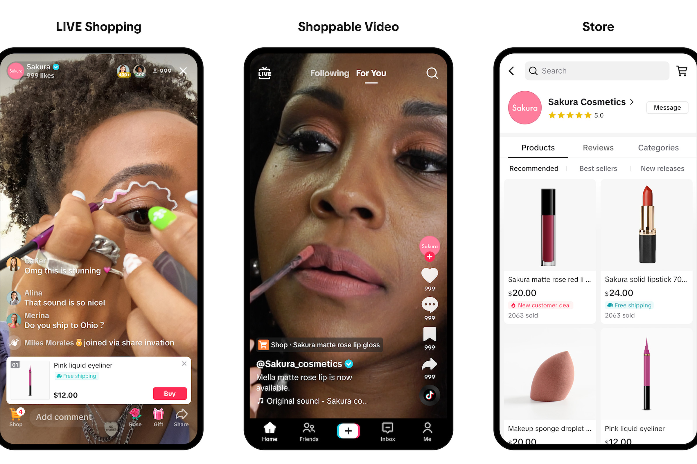 Three screens showing some of what shopping on TikTok on your phone look like.