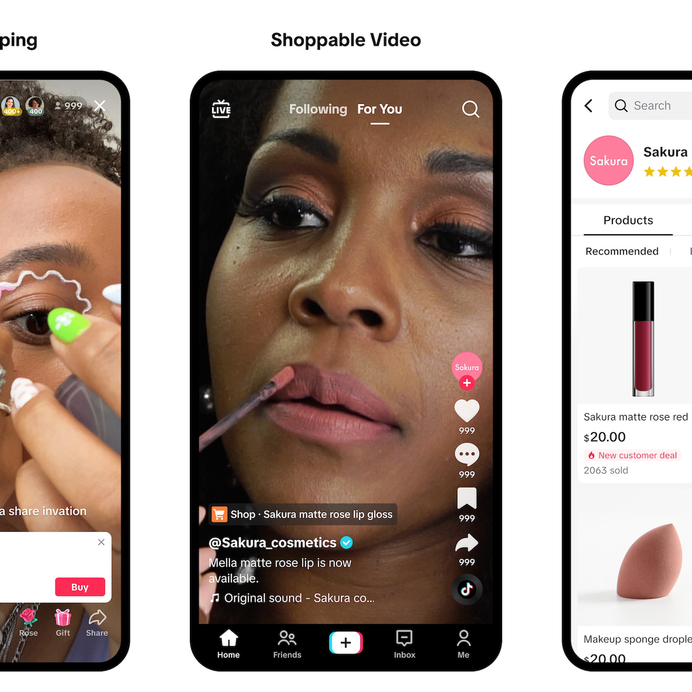 Three screens showing some of what shopping on TikTok on your phone will look like.
