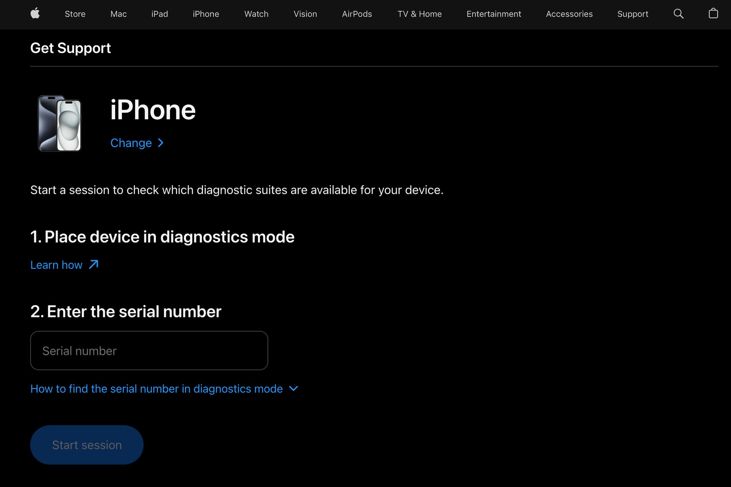 Screenshot of Apple’s web-based diagnostics tool.