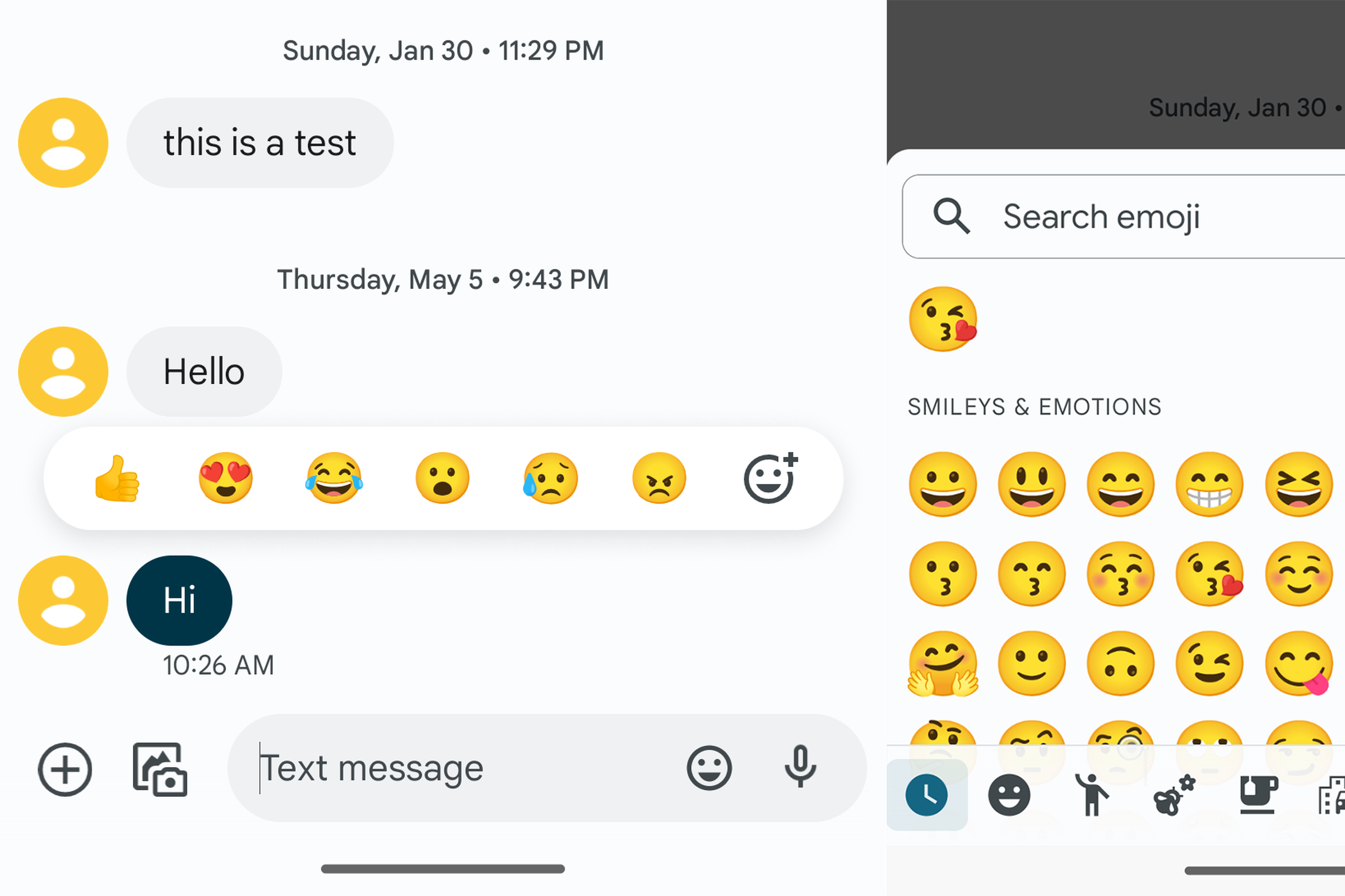 Two screenshots, one showing the extra emoji button in the reactions pop-up, and the other showing the emoji picker that appears when you tap that button.
