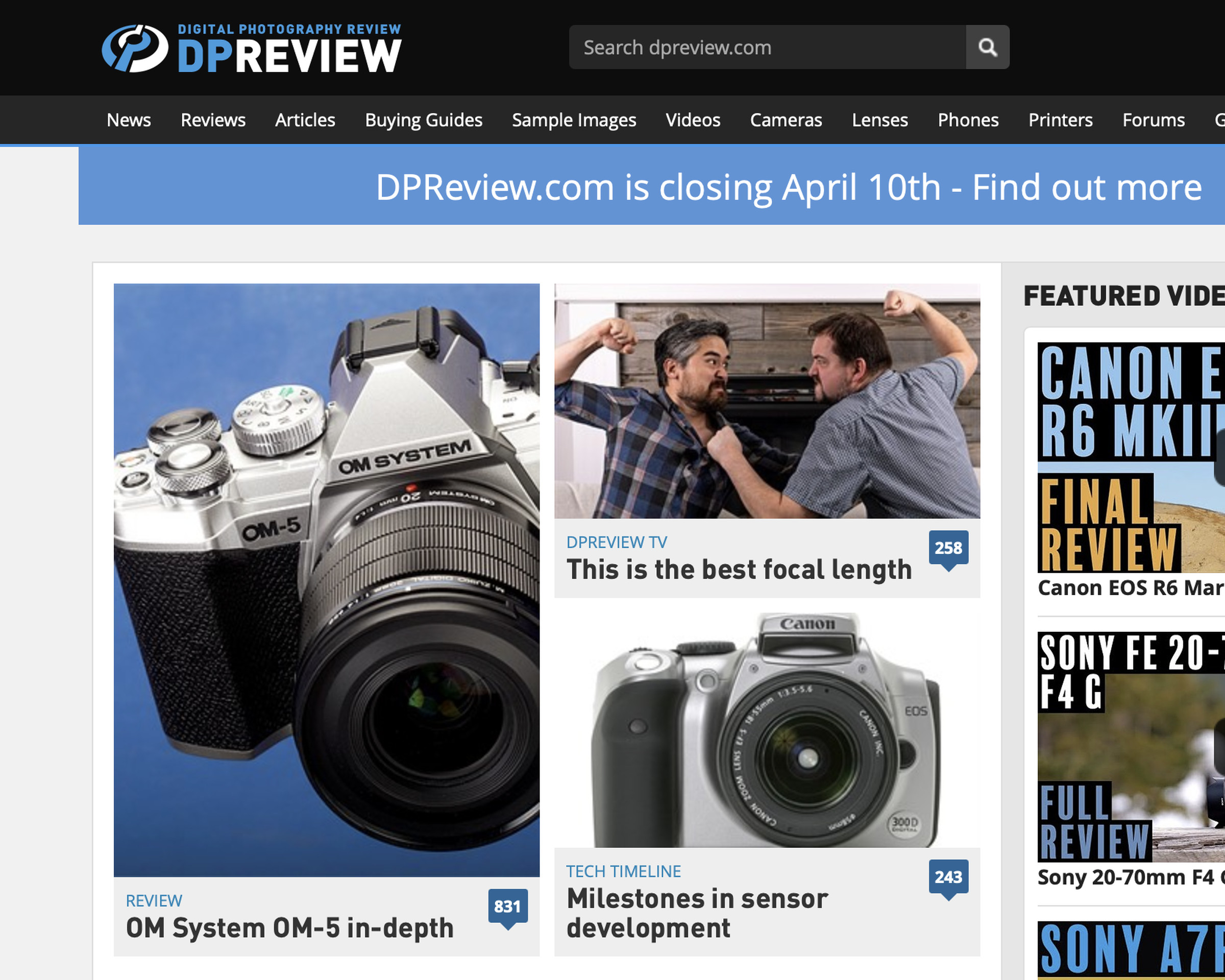 Screenshot of DPReview.com, displaying an announcement that it’s closing.