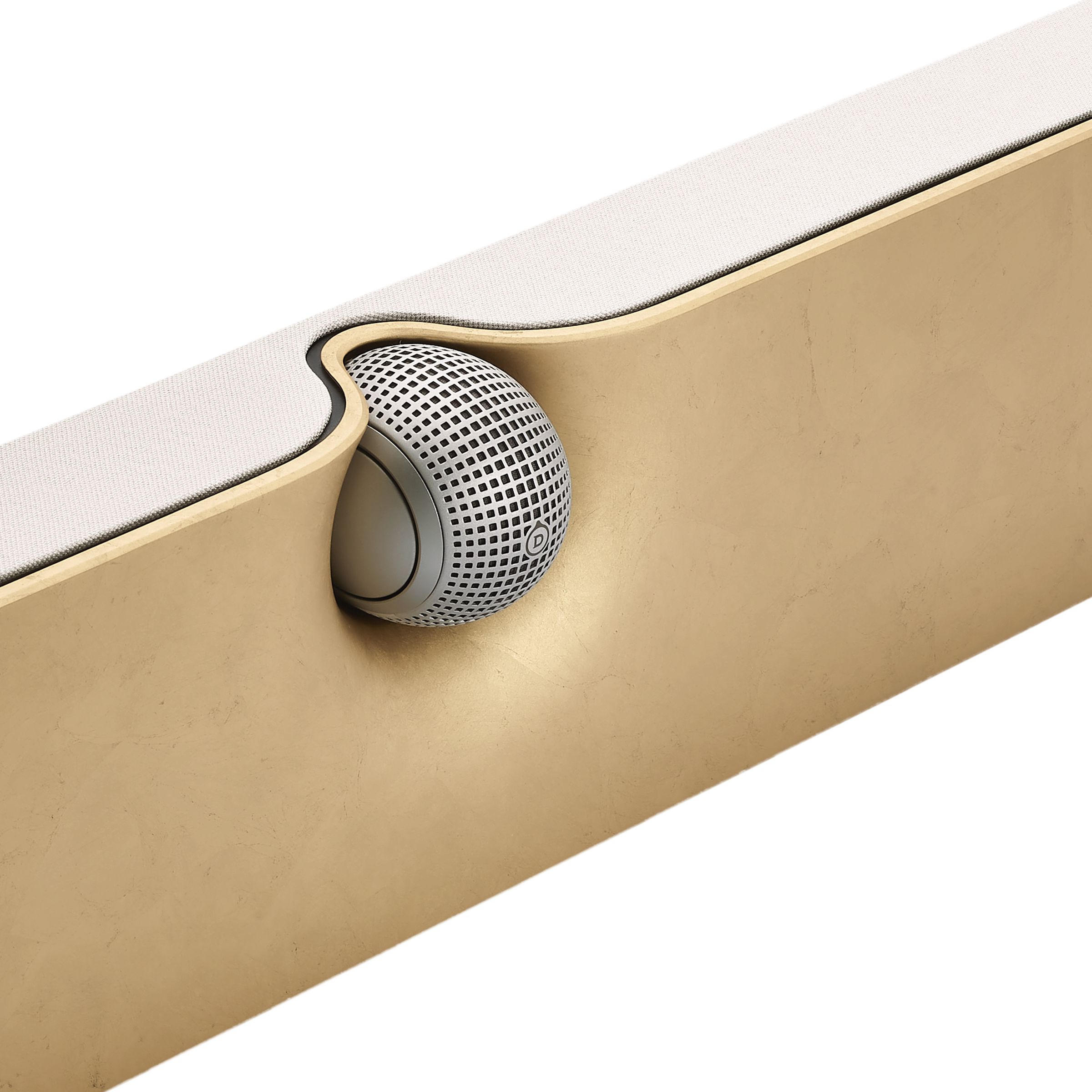 The Dione has a gold top and is oriented as a wall mount with the orb speaker at the top and facing forward.