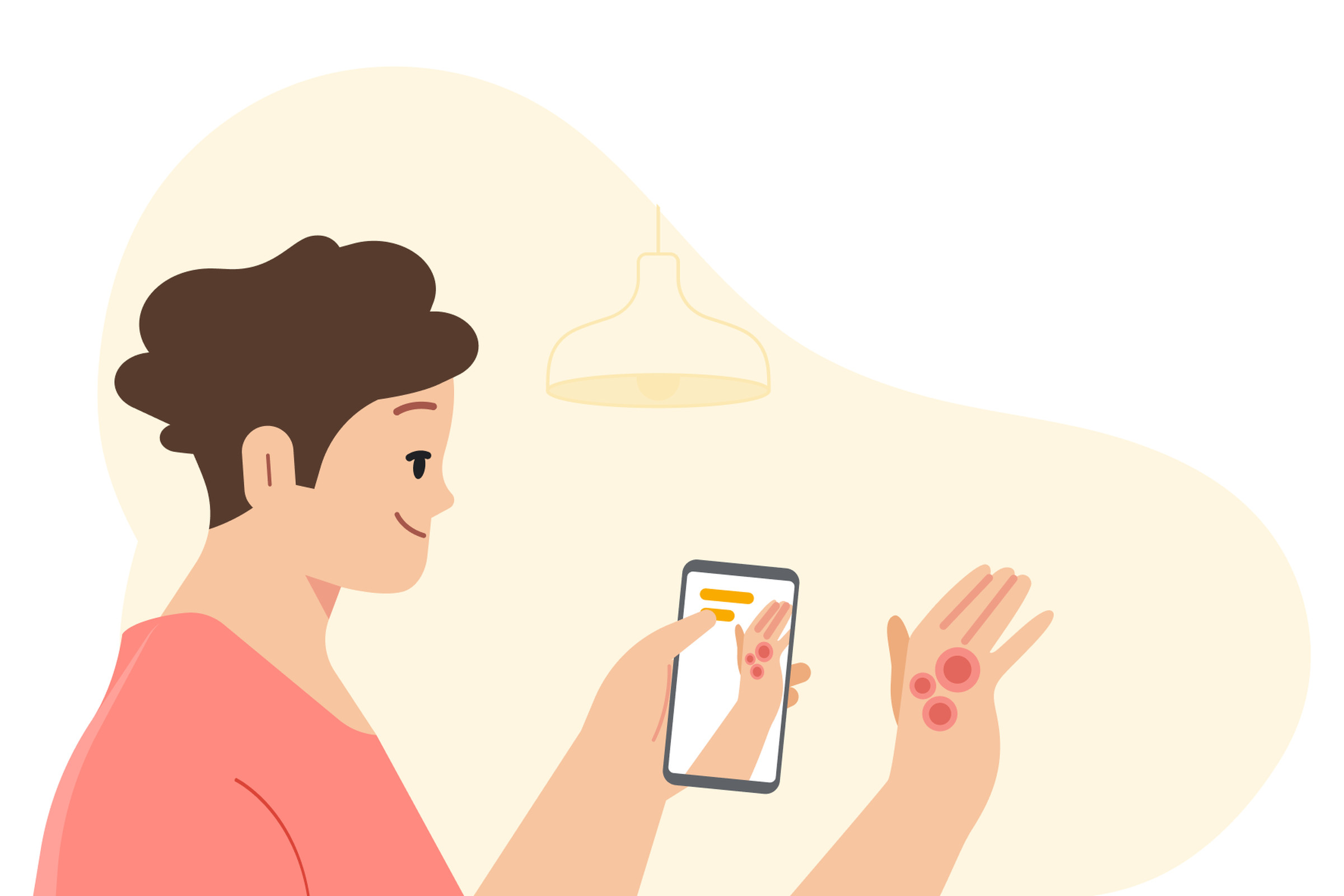 Cartoon image of a person using a smartphone to photograph a rash on their hand.