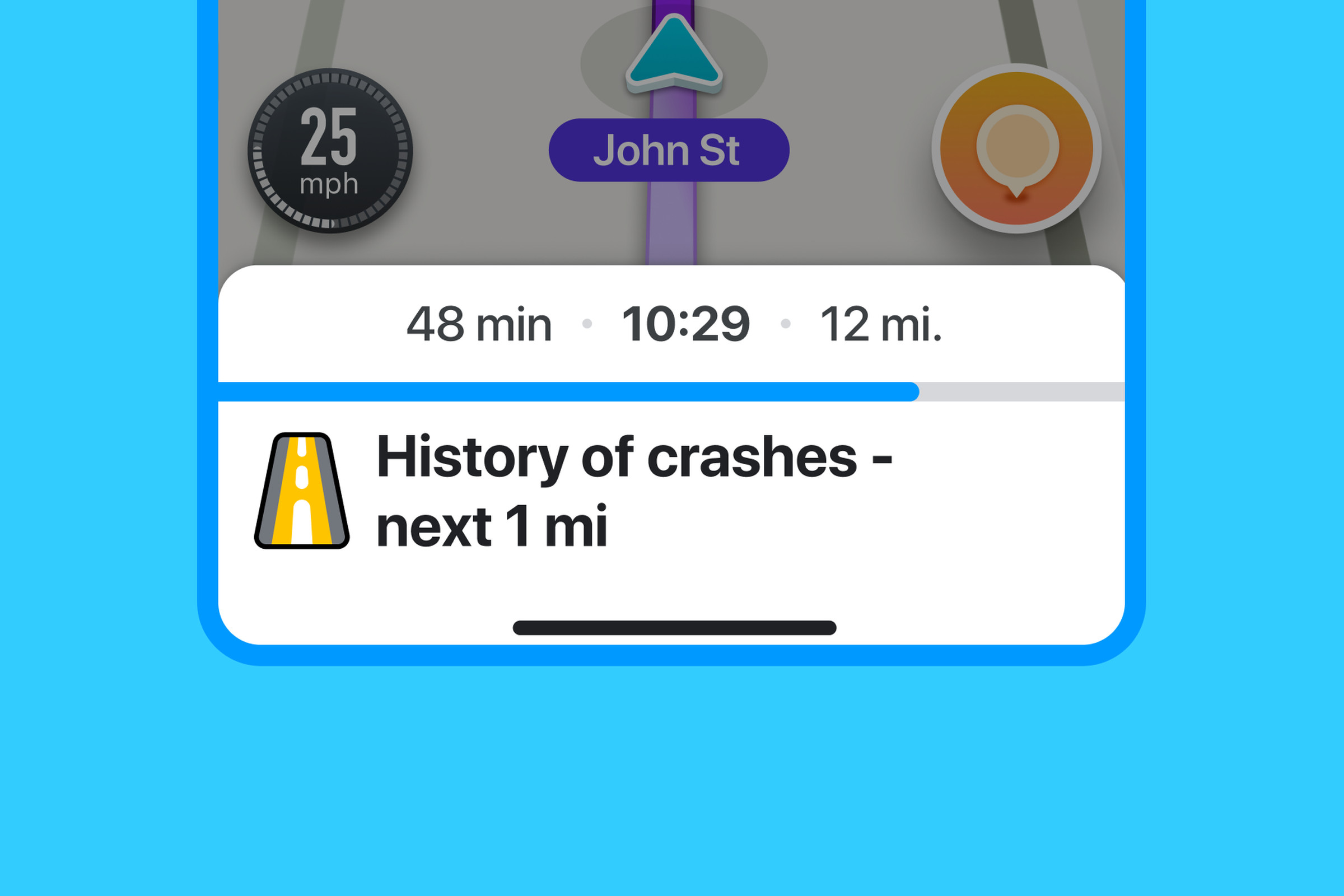 A screenshot of the alert reads “History of crashes – next 1 mile”