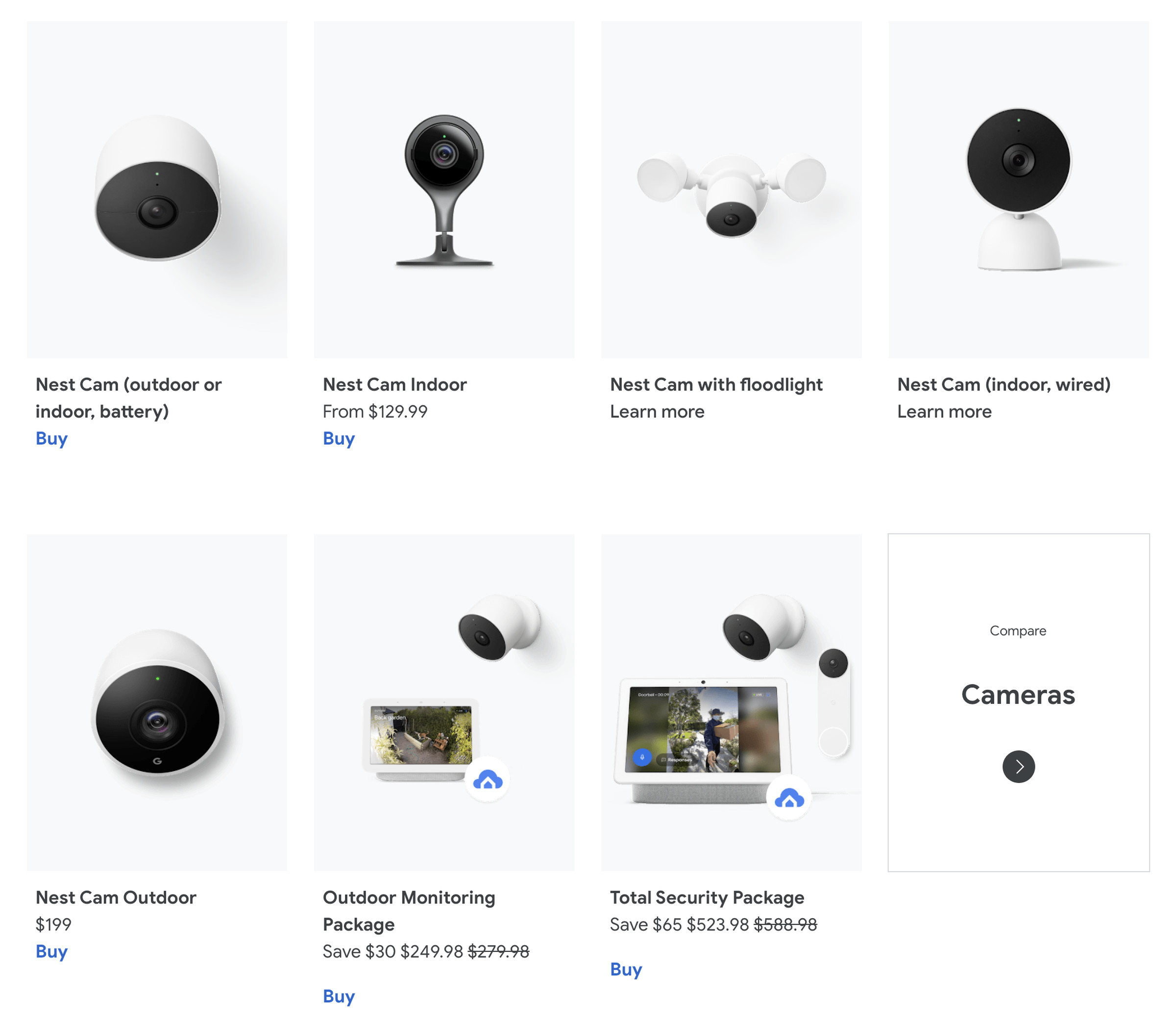 The only links that worked correctly on this page were the Nest Cam Indoor and the Nest Cam Outdoor. All the others sent us back to the Google Store homepage.