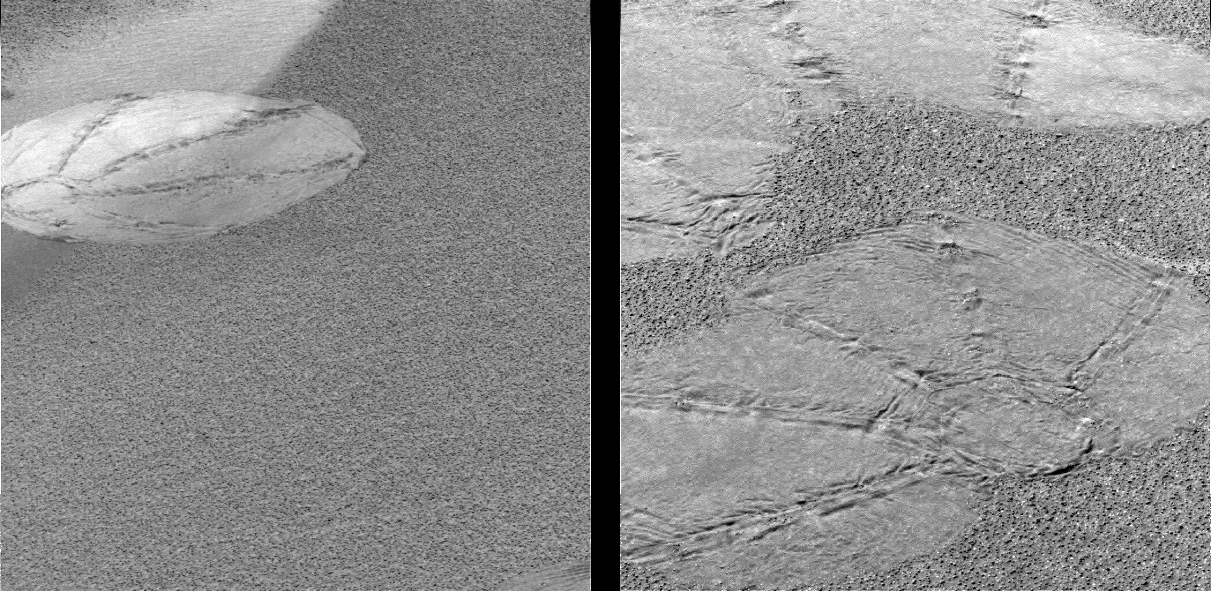 Instead of being lowered out of the sky by a sky crane like some of the later rovers, Opportunity and its twin, Spirit, had a rough landing. During descent, their “nests” were surrounded by circular airbags, and when they landed, they bounced along the surface. These are a few imprints from those airbags.