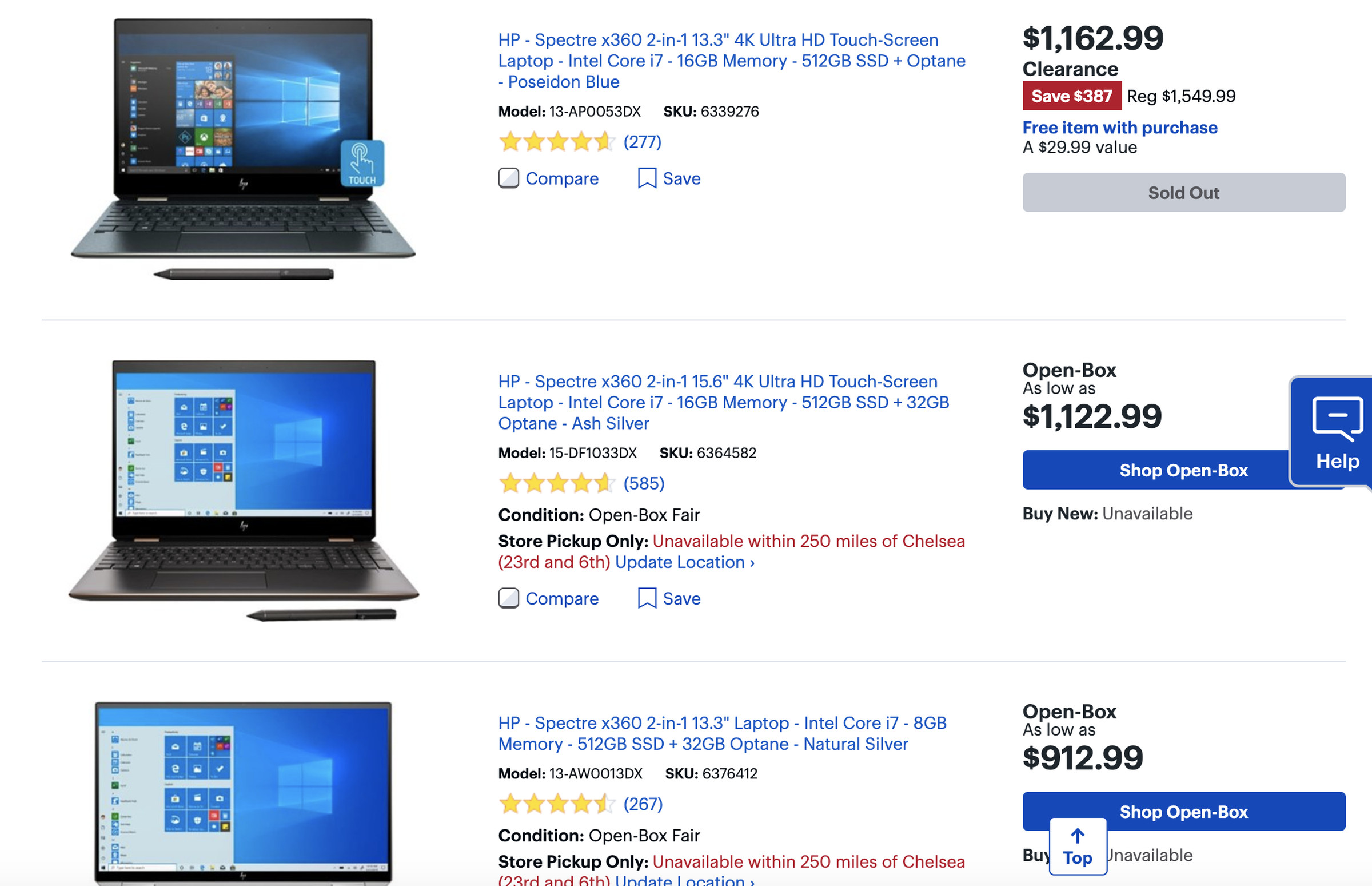 Spectre x360 models at Best Buy shown as sold out or unavailable.