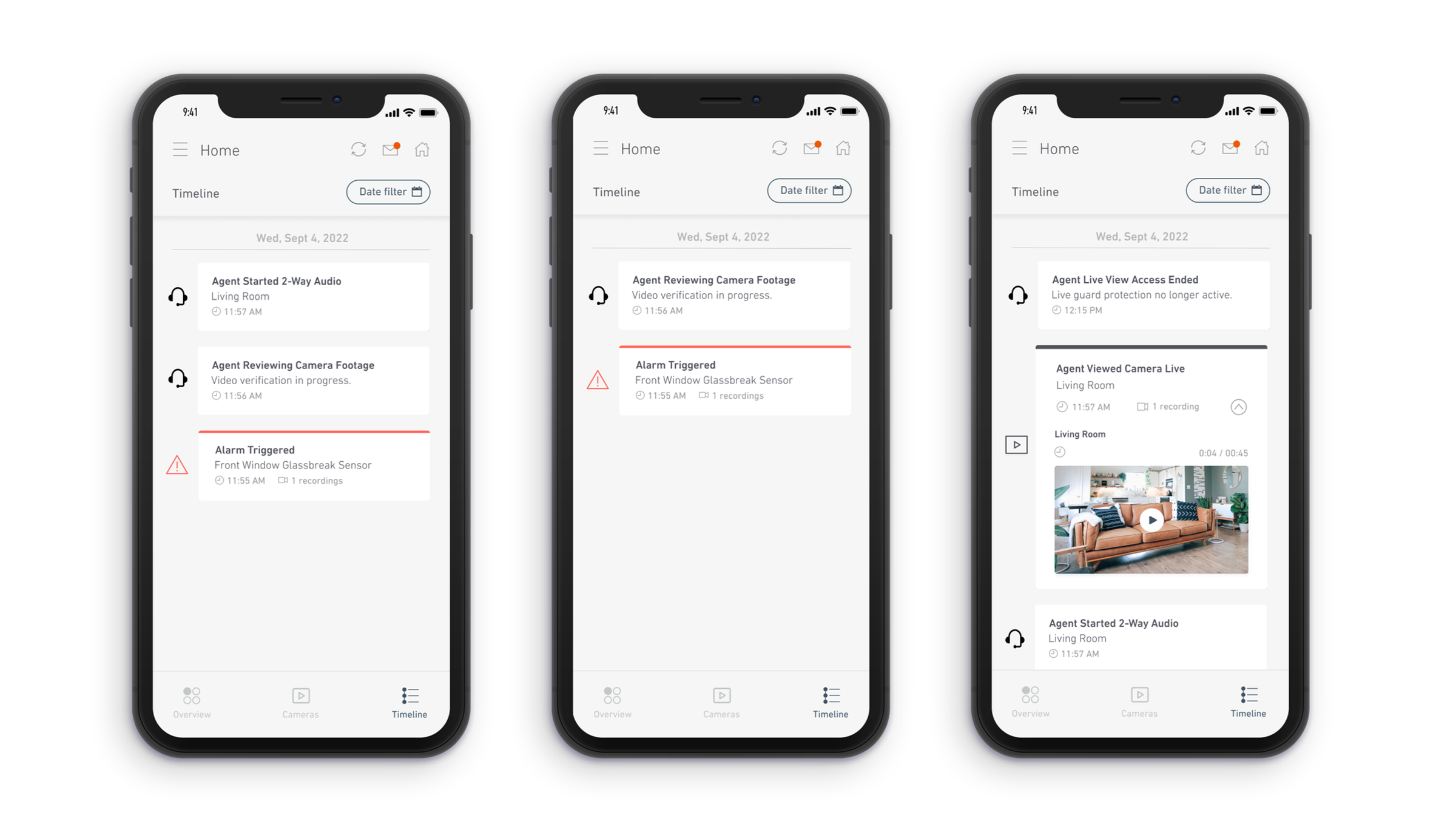 Users can see all live guard interactions within the app, and if they accidentally trigger an alarm, they can use safe words to dismiss the alarm directly with the agent.