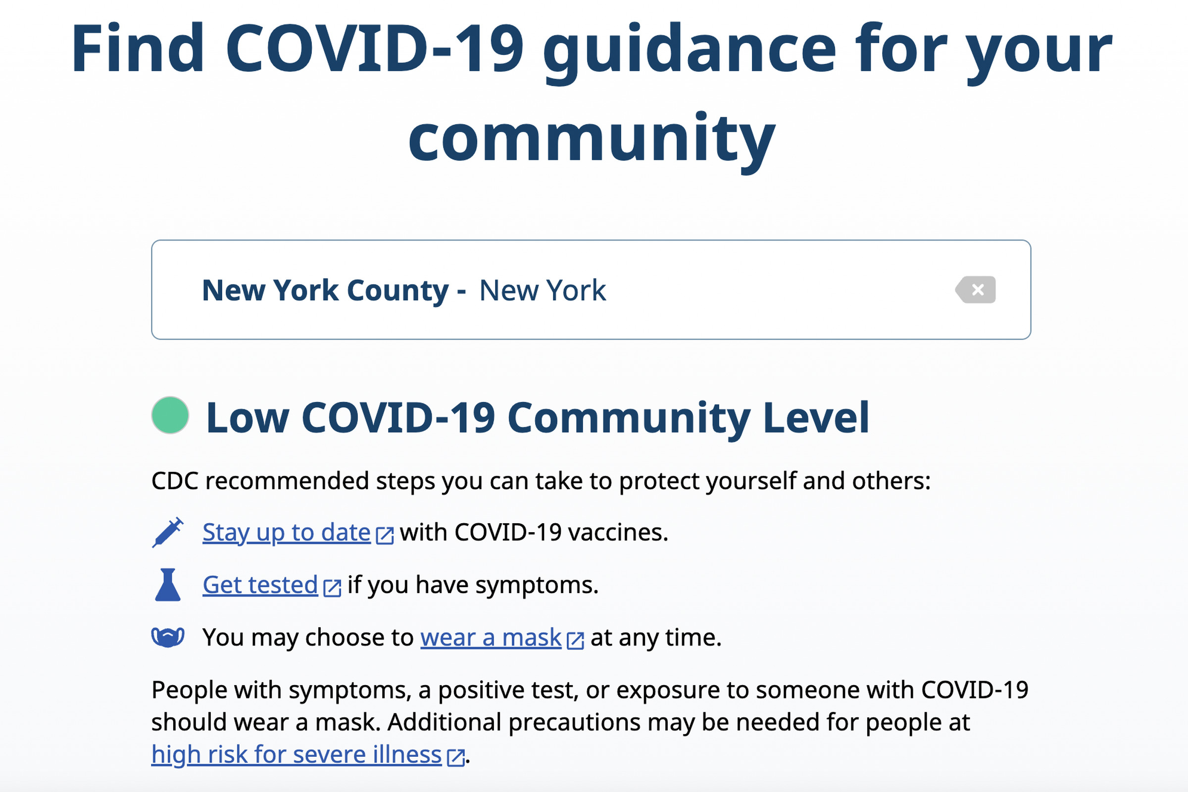 COVID.gov tells you the COVID-19 risk level in your community.