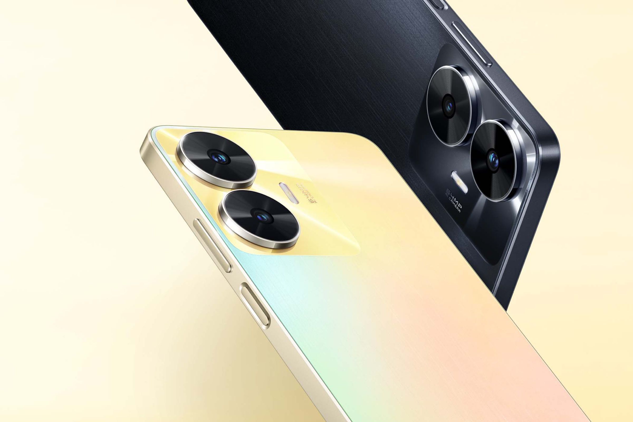 The Realme C55 in gold and black.