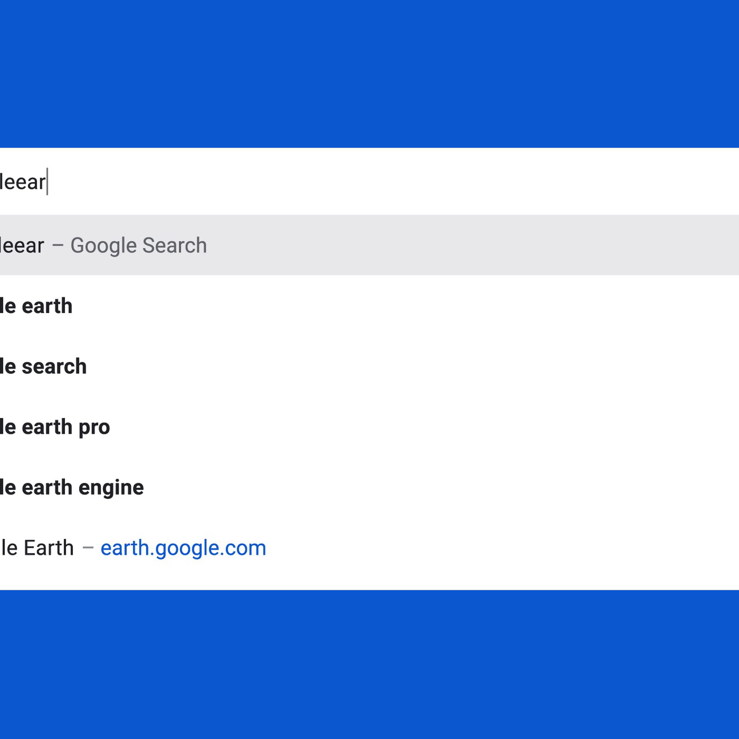 An image of a Google search for “Google Earth” on a blue background.